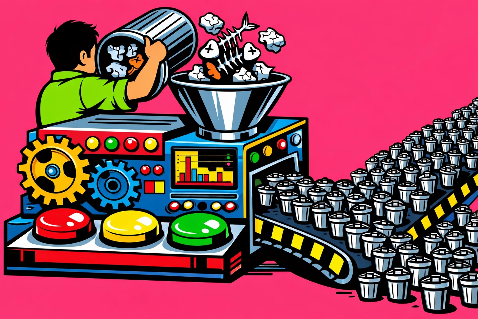 A machine multiplying trash to show how poor data quality ruins results from business automation tools.