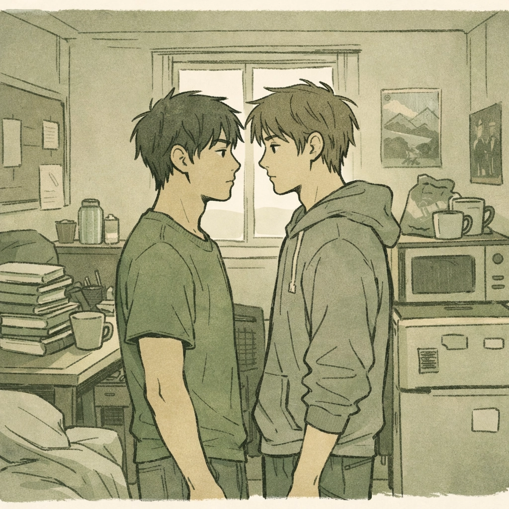College men standing face-to-face in cramped dorm room showing romantic tension