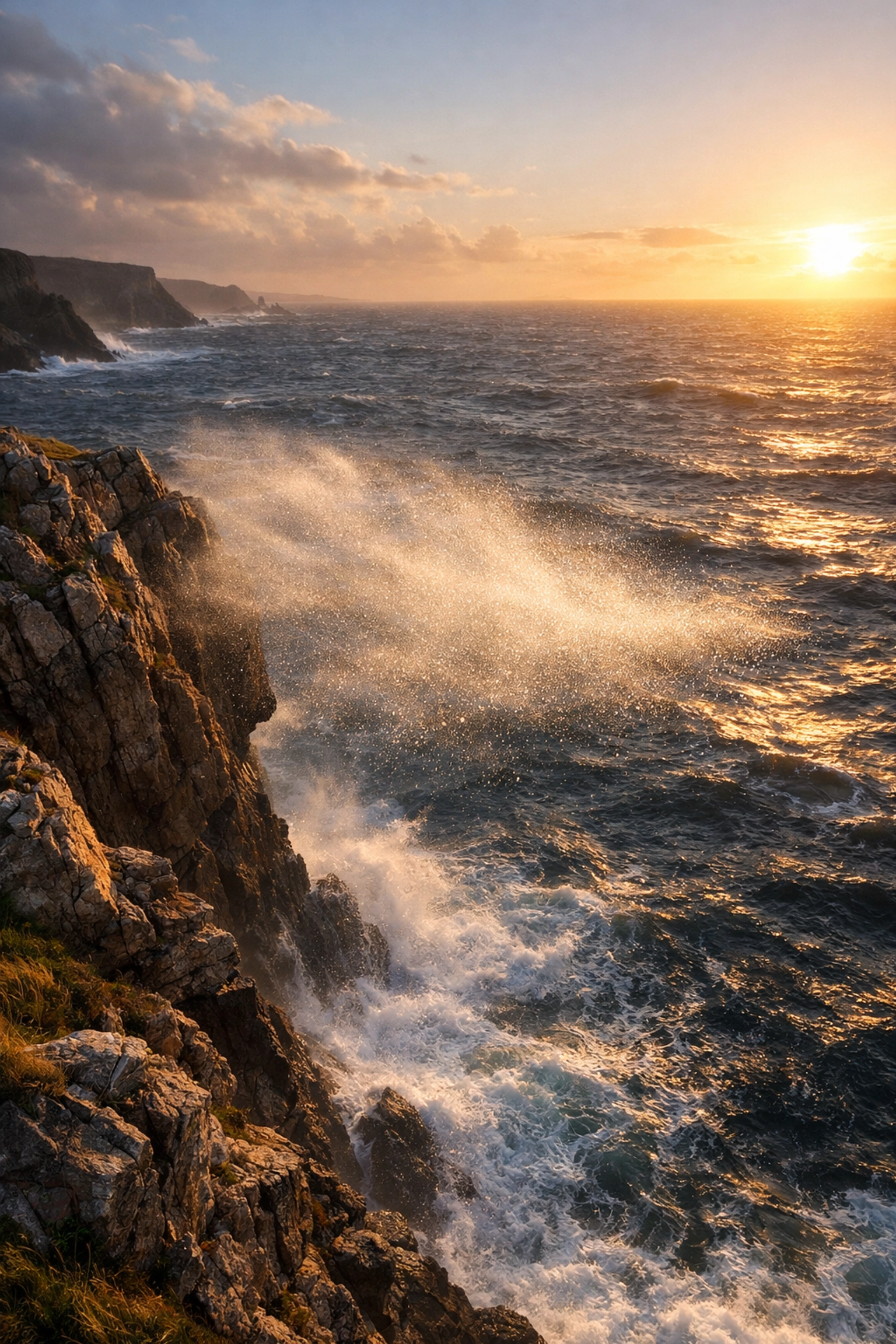 Ashes dispersing in the wind at a rugged coastal cliffside, symbolizing a gentle and eco-friendly return to nature.