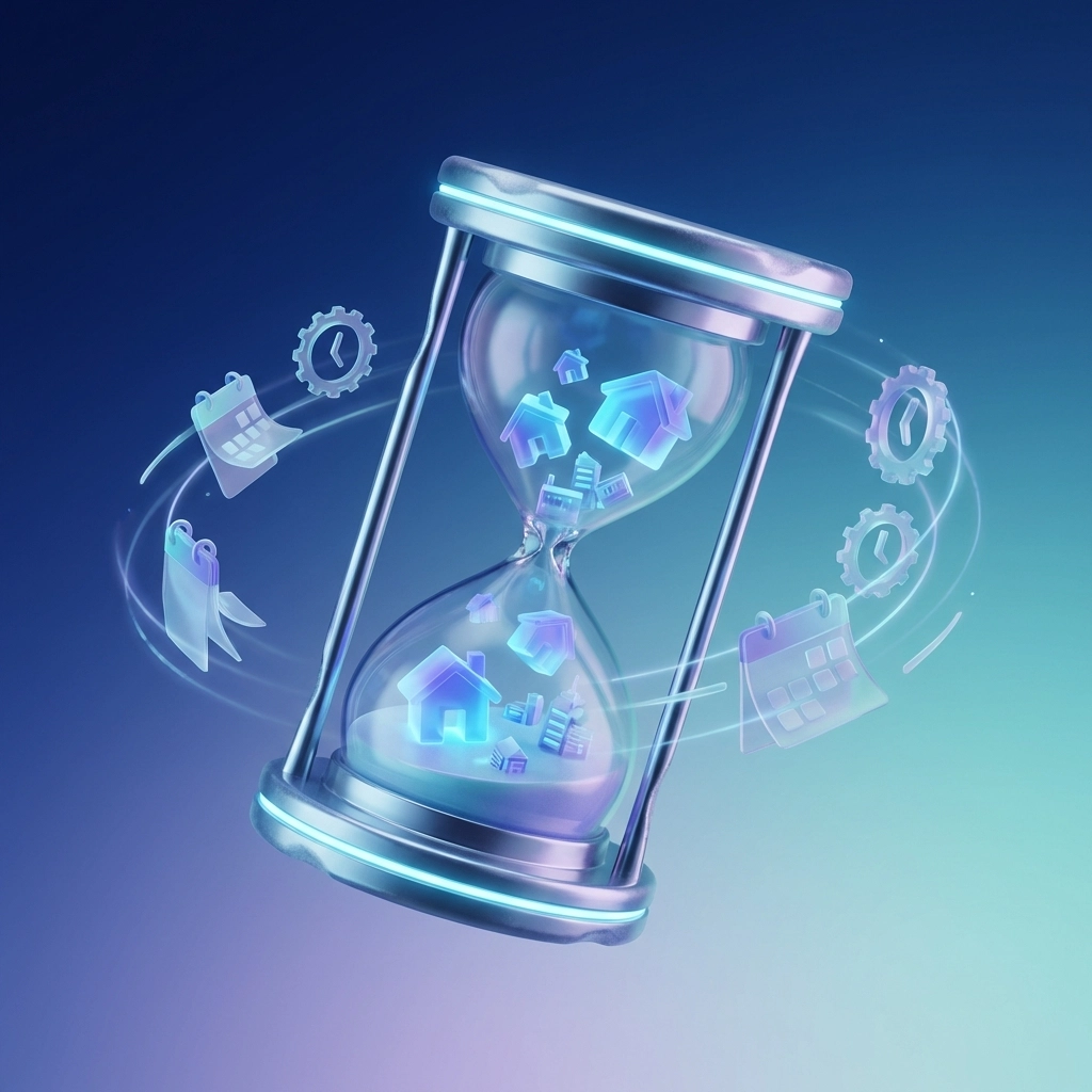 Hourglass with house icons and calendars symbolizing early prediction of likely home sellers before listing