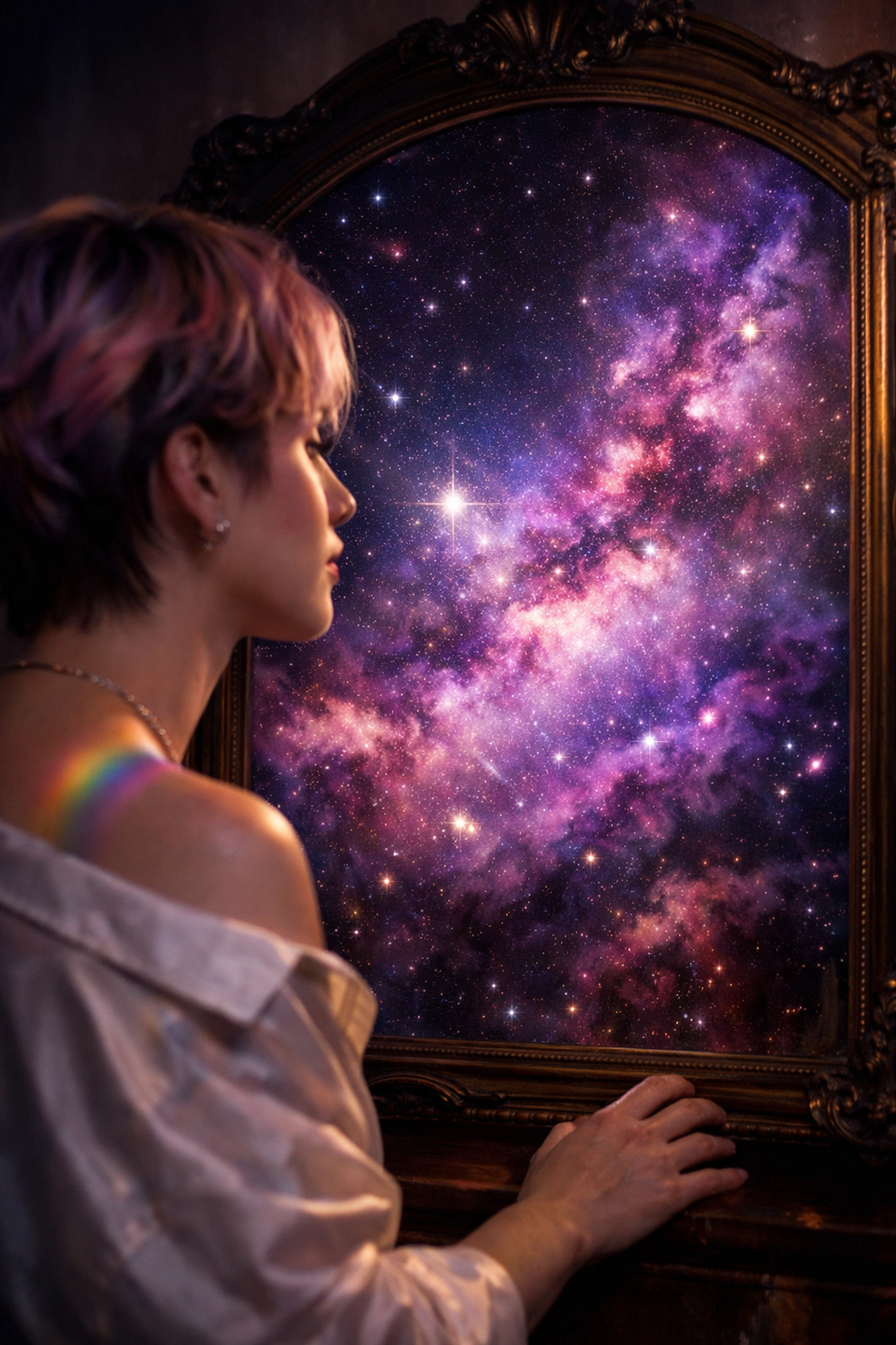 A non-binary person exploring the science of gender through a cosmic mirror reflection.