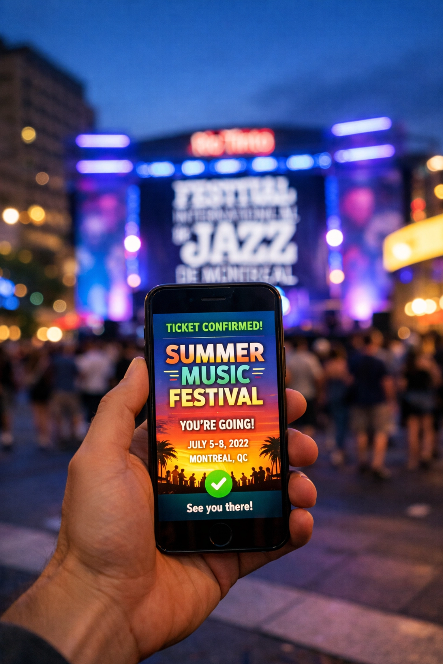 Digital event ticket held at Place des Festivals with the Montreal Jazz Festival stage illuminated in the background.