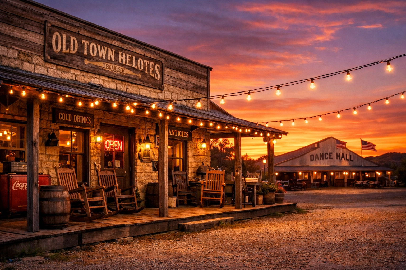 Historic Old Town Helotes storefront with rustic limestone and rocking chairs at sunset.