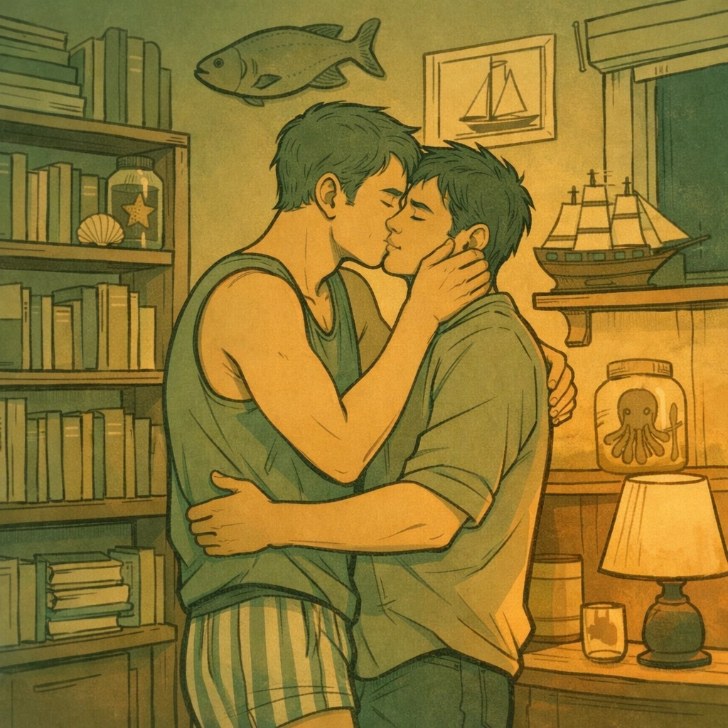 Gay couple embracing privately in apartment - hidden relationship MM romance