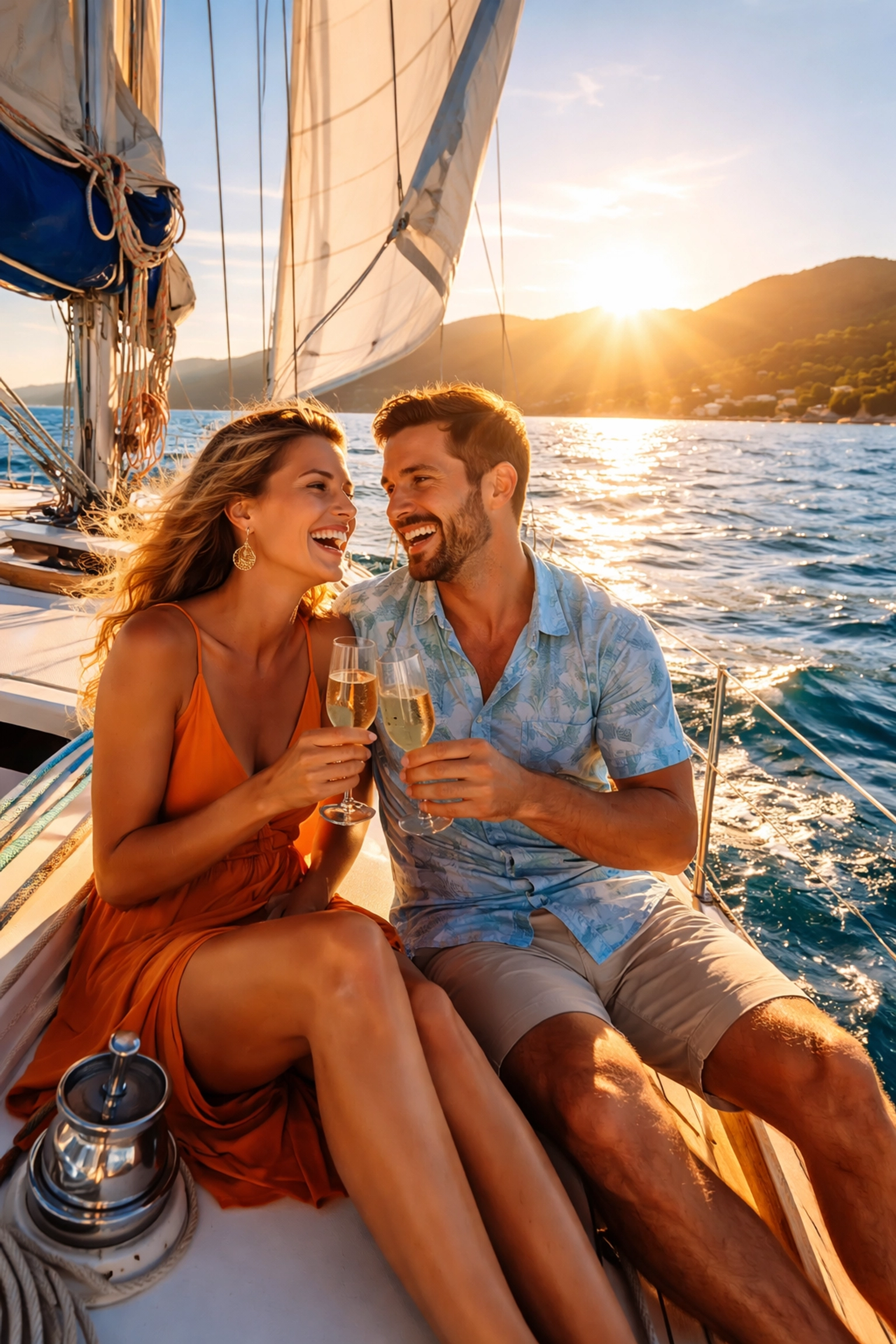 Couple enjoying a sunset sailing adventure on Banderas Bay with Sierra Madre mountains in the background.
