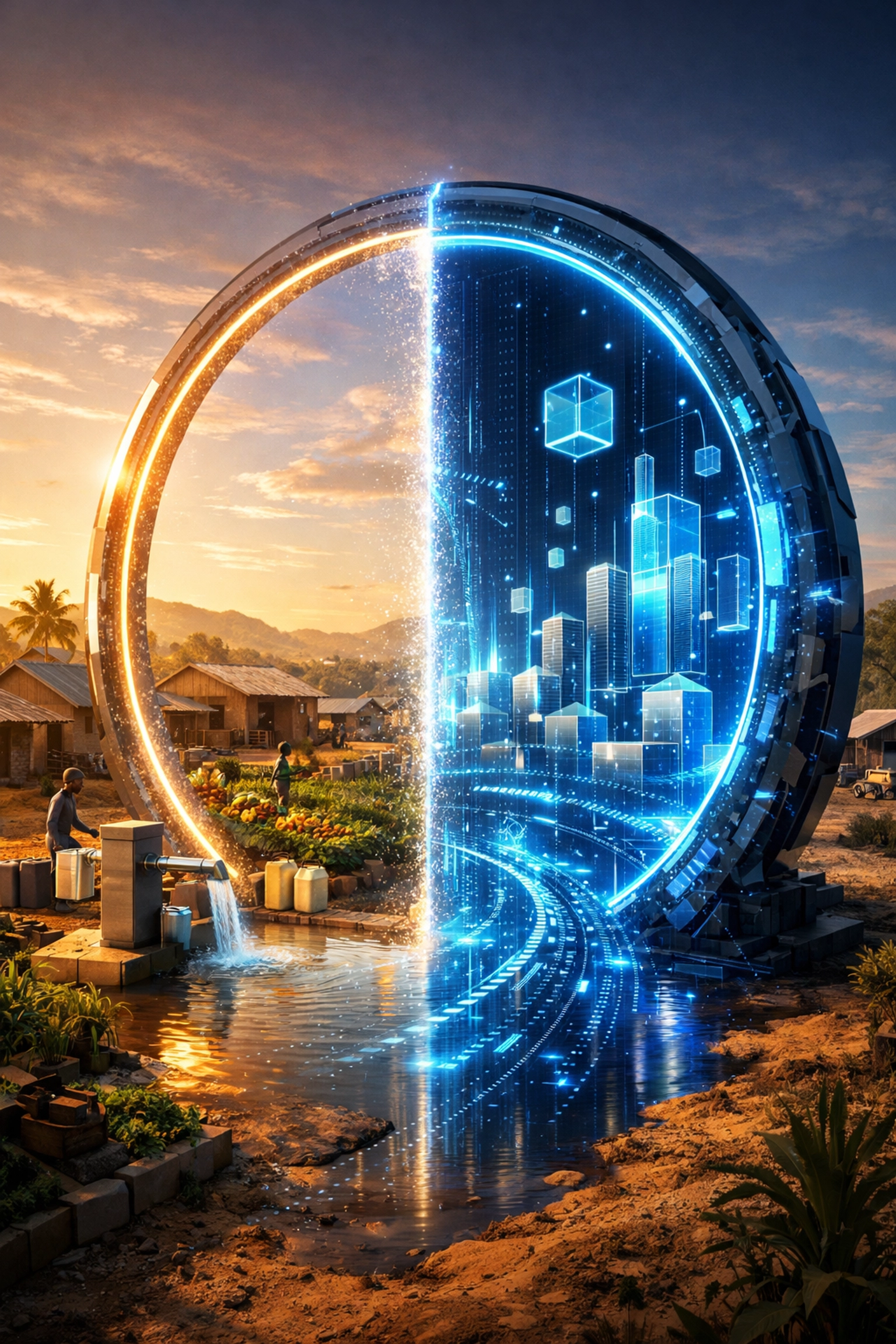 Blockchain portal bridging a sustainable village with the metaverse for transparent global charitable giving.