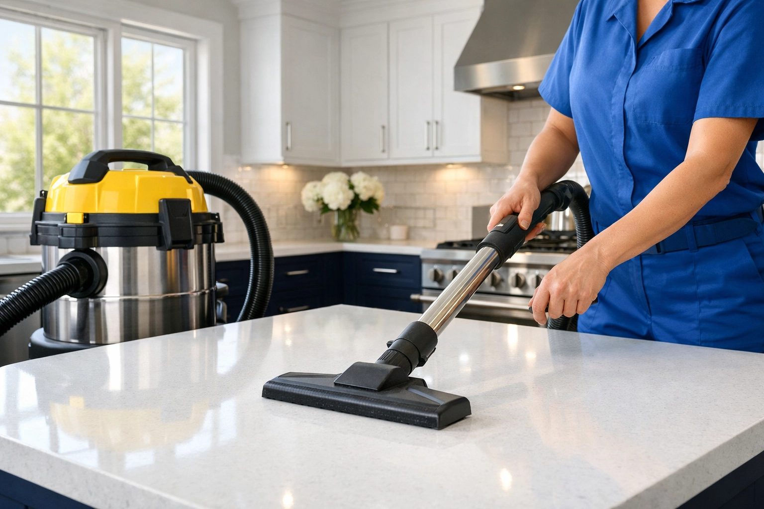Professional post-construction cleaning Framingham team using HEPA vacuum in a modern renovated kitchen.