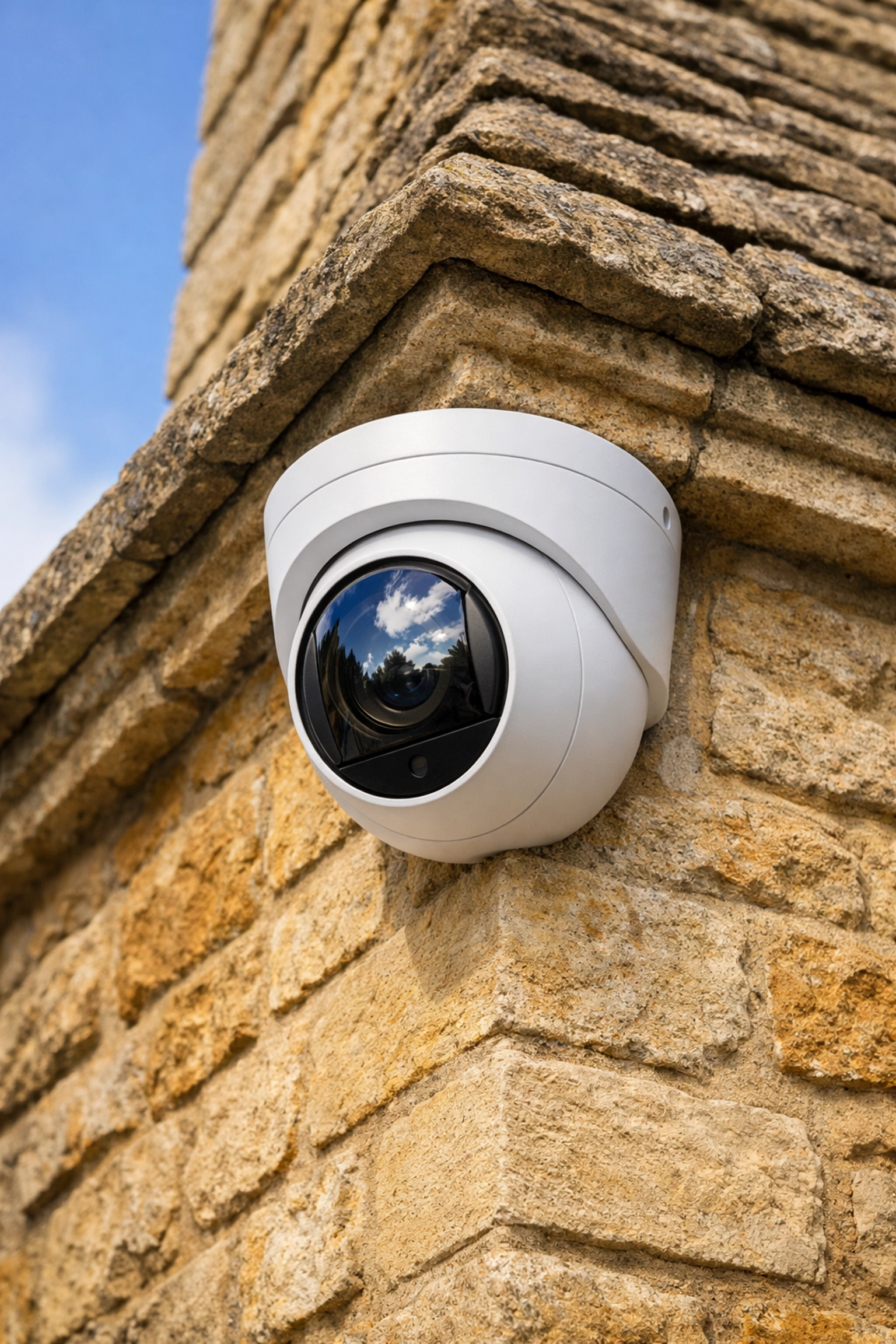Modern turret security camera professionally installed on an Oxford stone property by i-Spy CCTV.