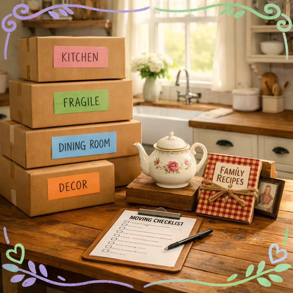 Organized moving boxes and keepsakes during downsizing transition in Cobb County home