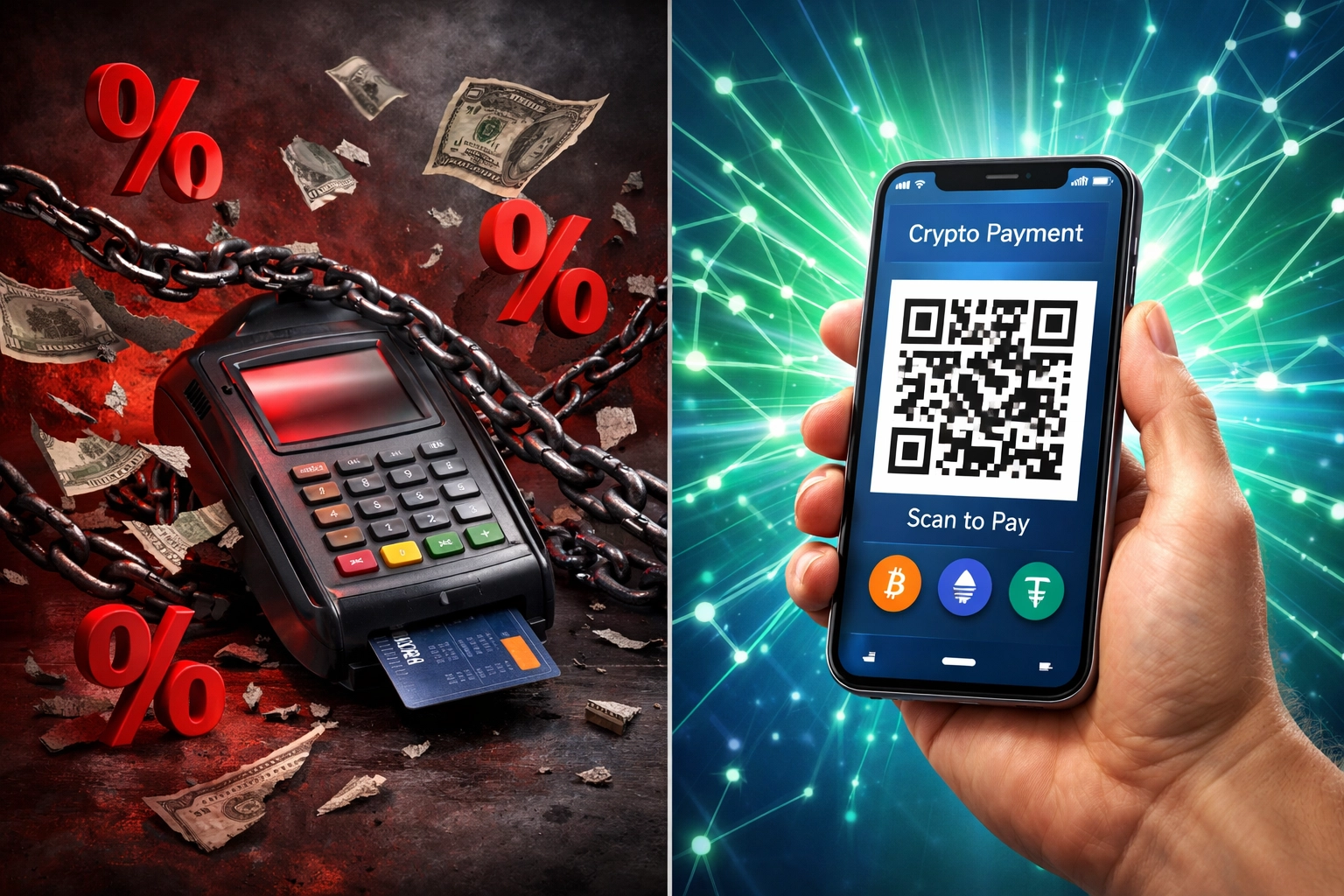 Comparison of traditional credit card fees versus self-custody crypto payment costs for merchants