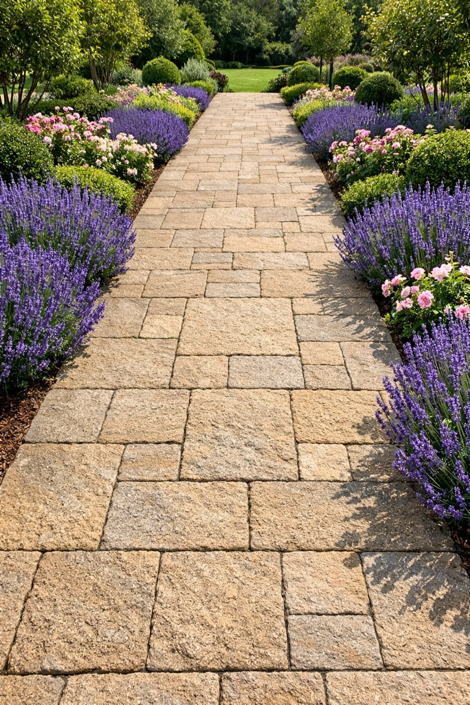 Wide, level garden path with slip-resistant pavers to improve outdoor mobility and safety.