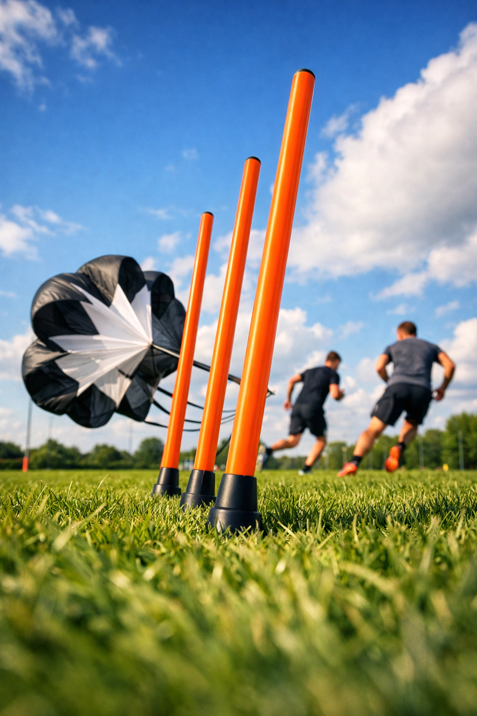 Athletes running speed drills with agility poles and resistance parachute during preseason training