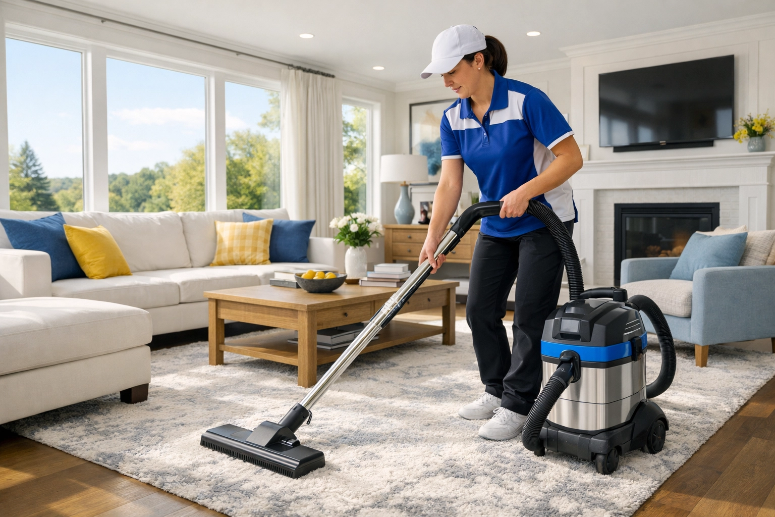 Professional house cleaning services MA specialist using a HEPA vacuum in a sunlit luxury living room.