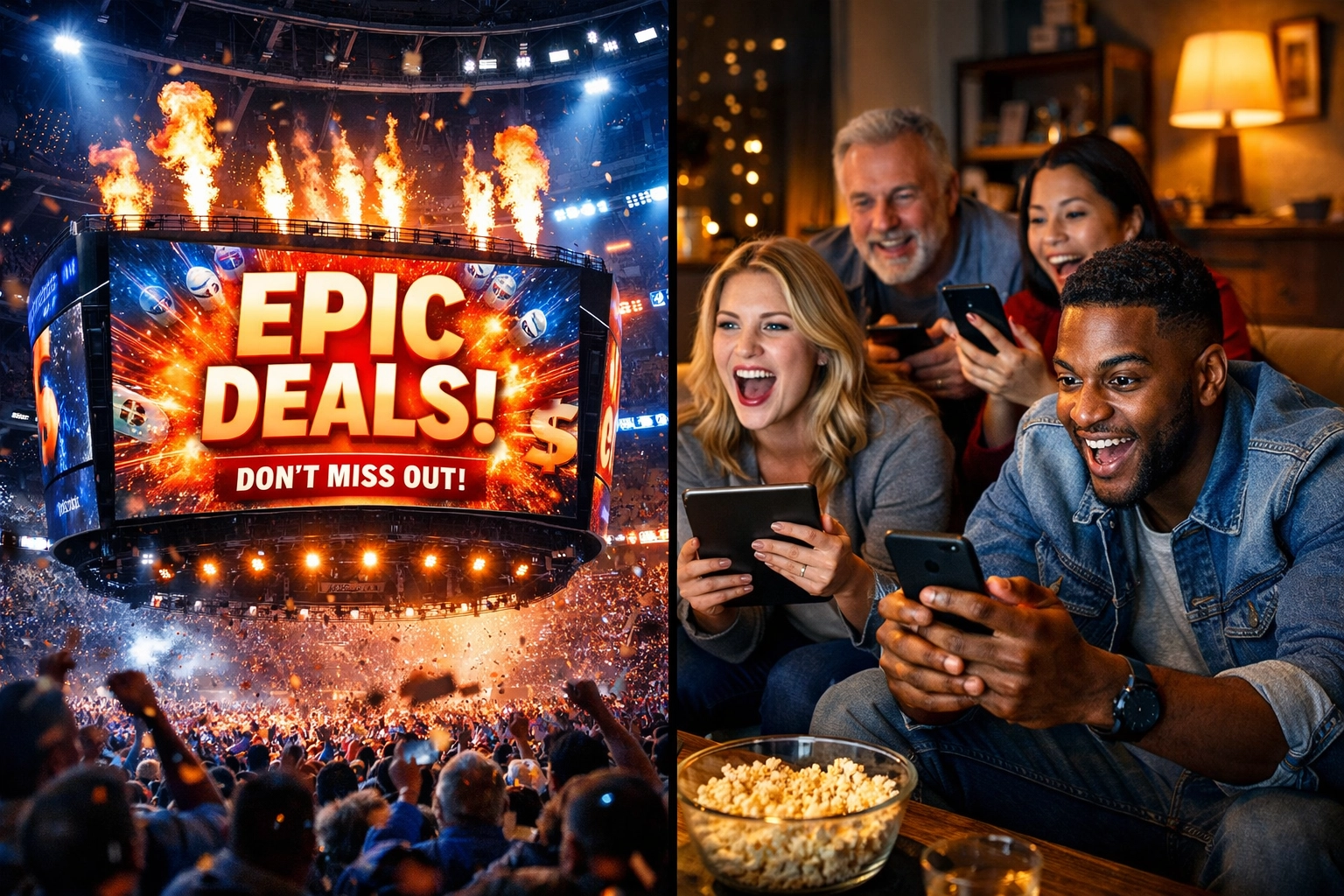 Super Bowl commercial on stadium screen with engaged viewers using mobile devices for multi-channel interaction