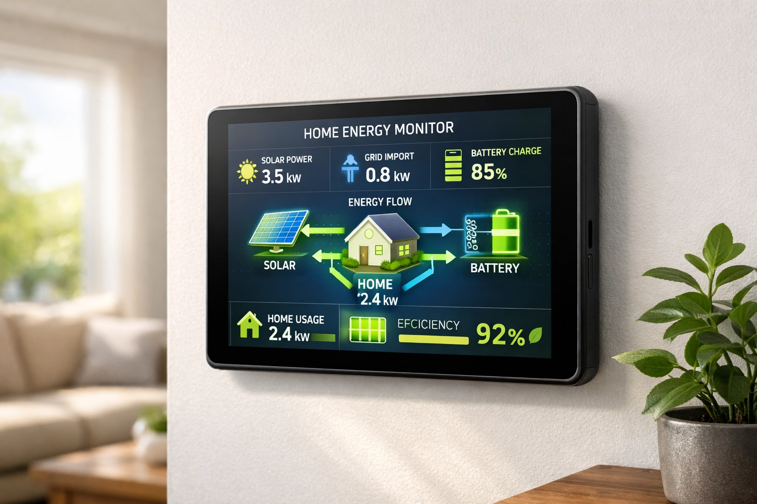 Modern home energy monitoring tablet displaying real-time power usage and efficiency data in a sunlit room.