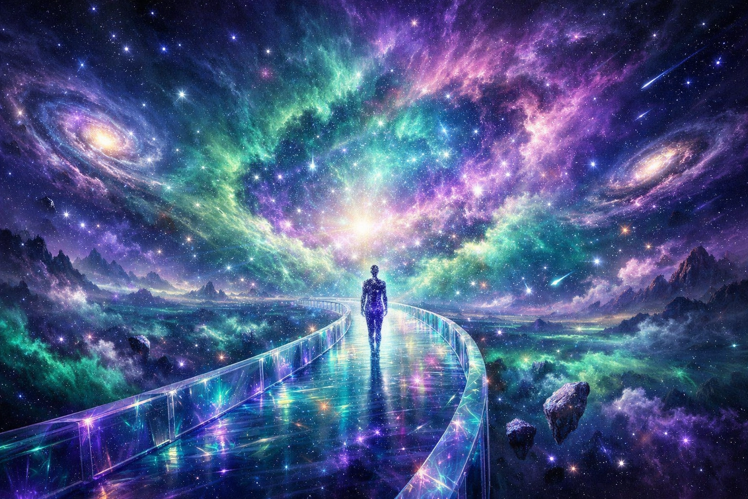 Cosmic figure on a light bridge representing spiritual sovereignty and the goal of healing your nervous system.