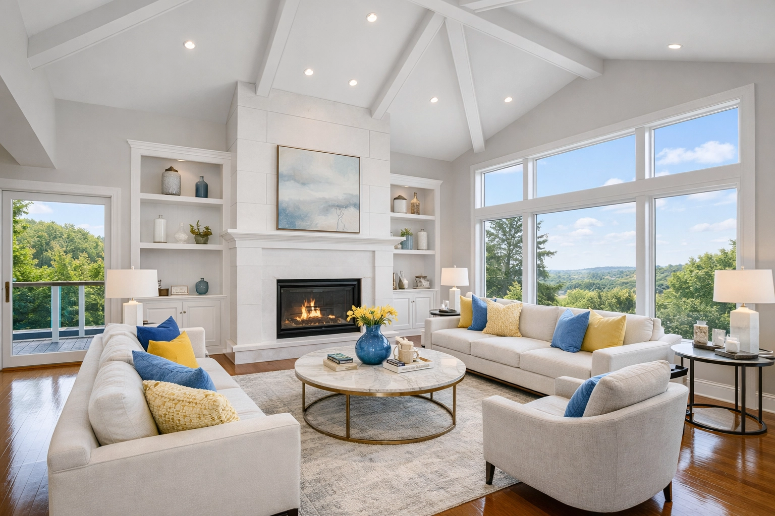 A spotless luxury living room following a professional post construction cleaning Maynard service in Massachusetts.