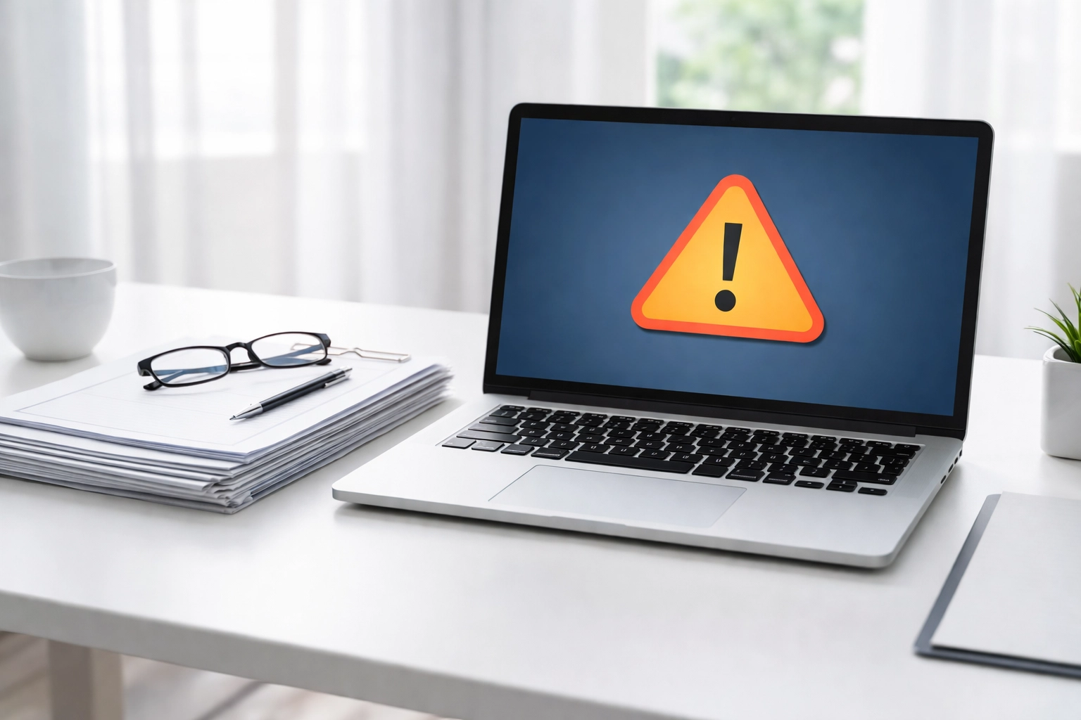 Office desk with laptop and compliance documents representing business IT services proof requirements