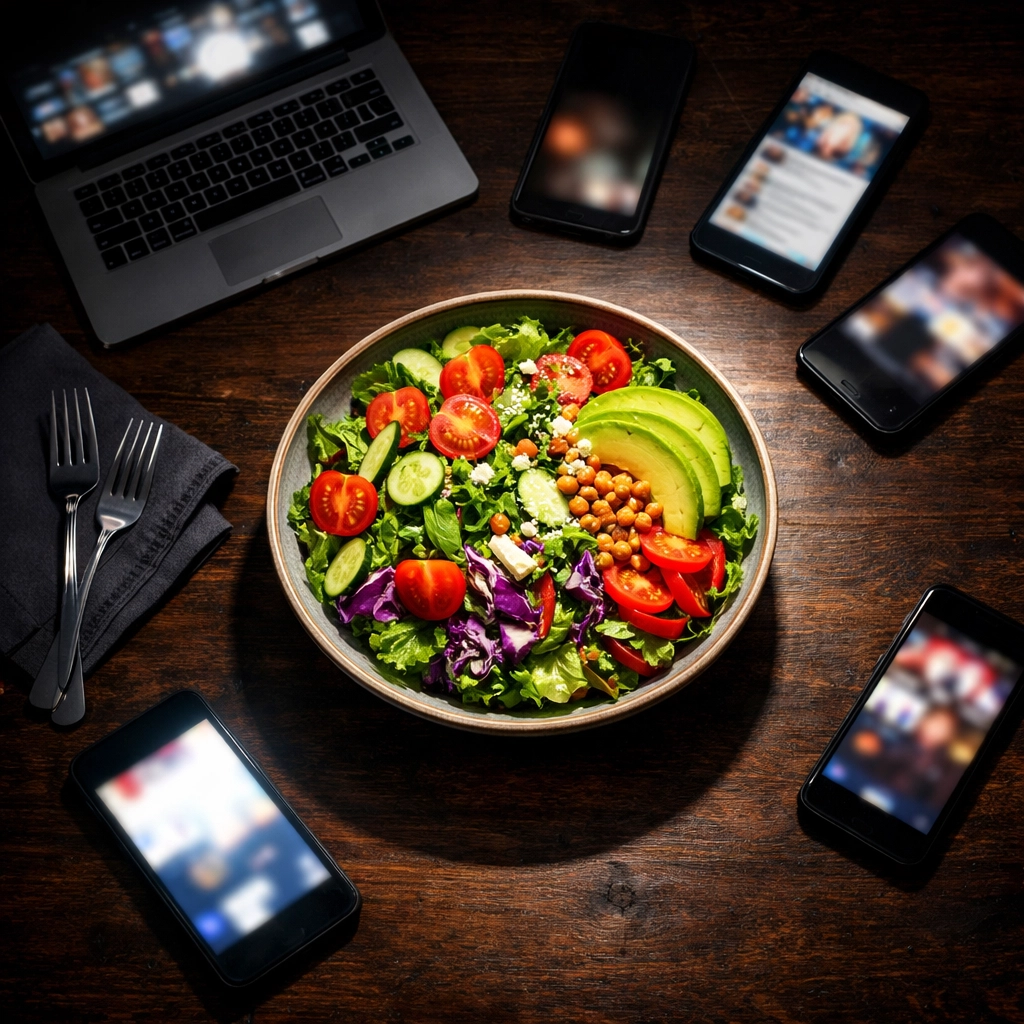 A healthy salad on a table surrounded by digital distractions, highlighting mindful eating and psychotherapy goals.