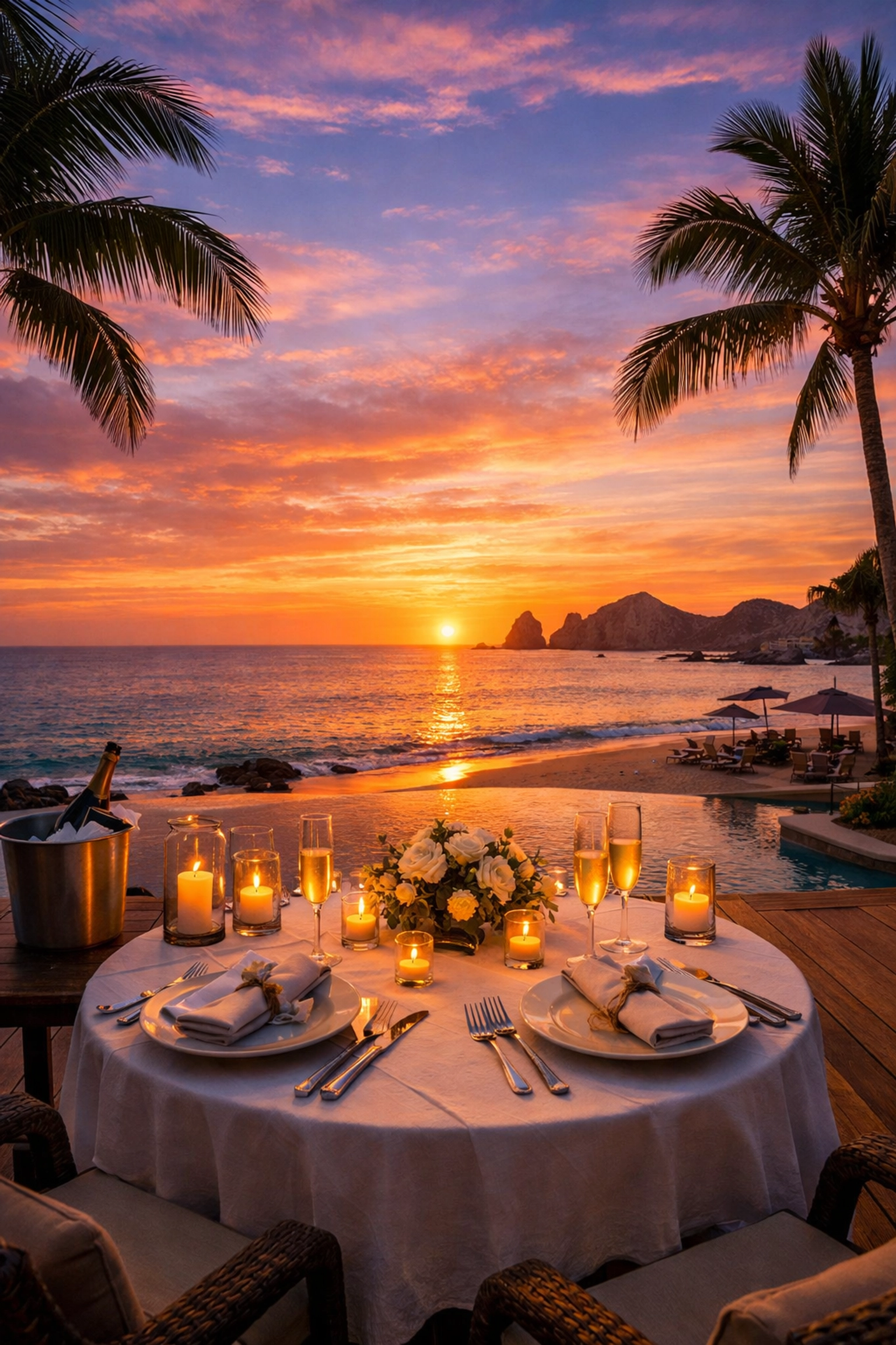 Beachfront sunset dinner table at Cabo resort for anniversary celebration