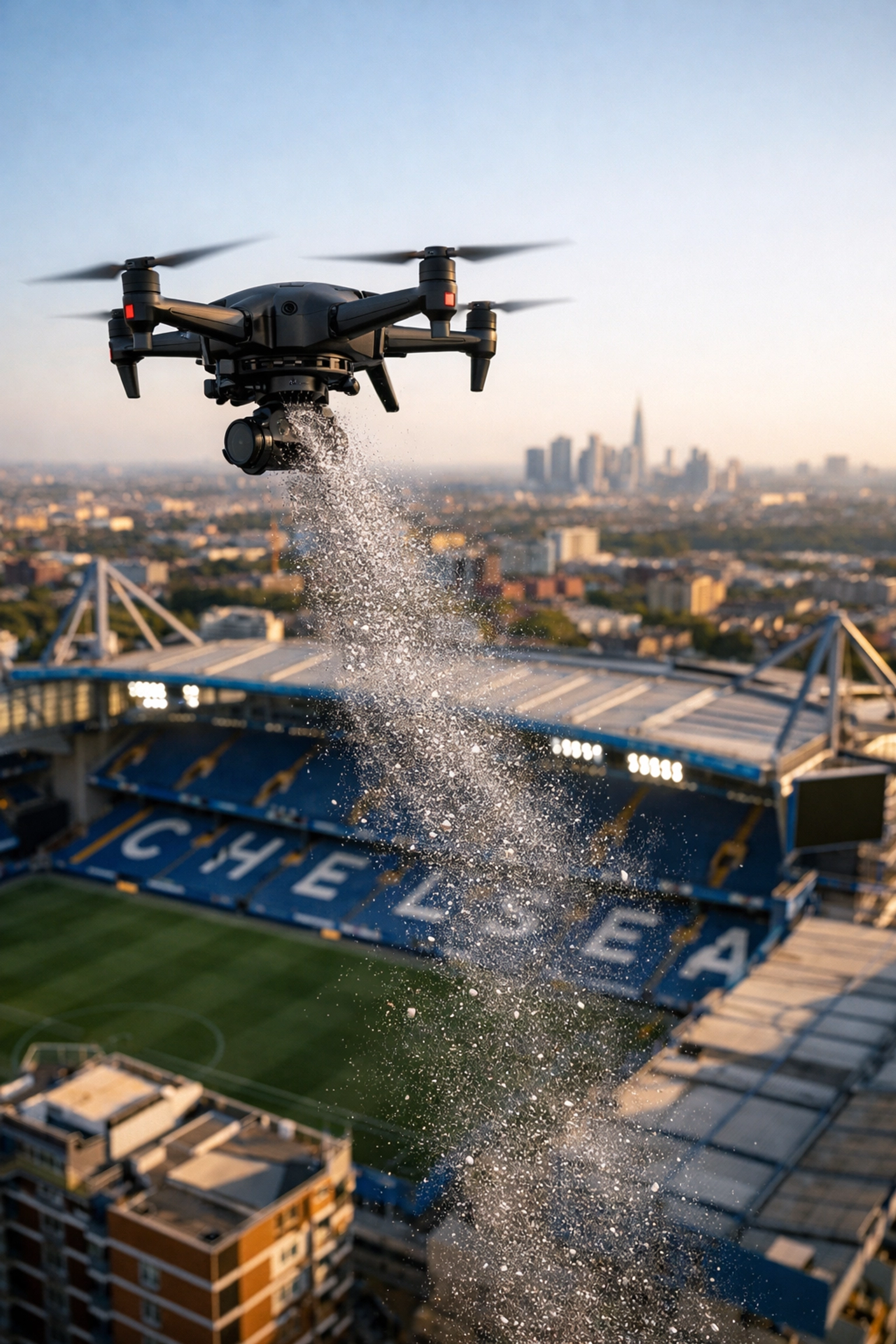Aerial drone ash scattering ceremony overlooking Chelsea FC’s Stamford Bridge stadium at sunset.