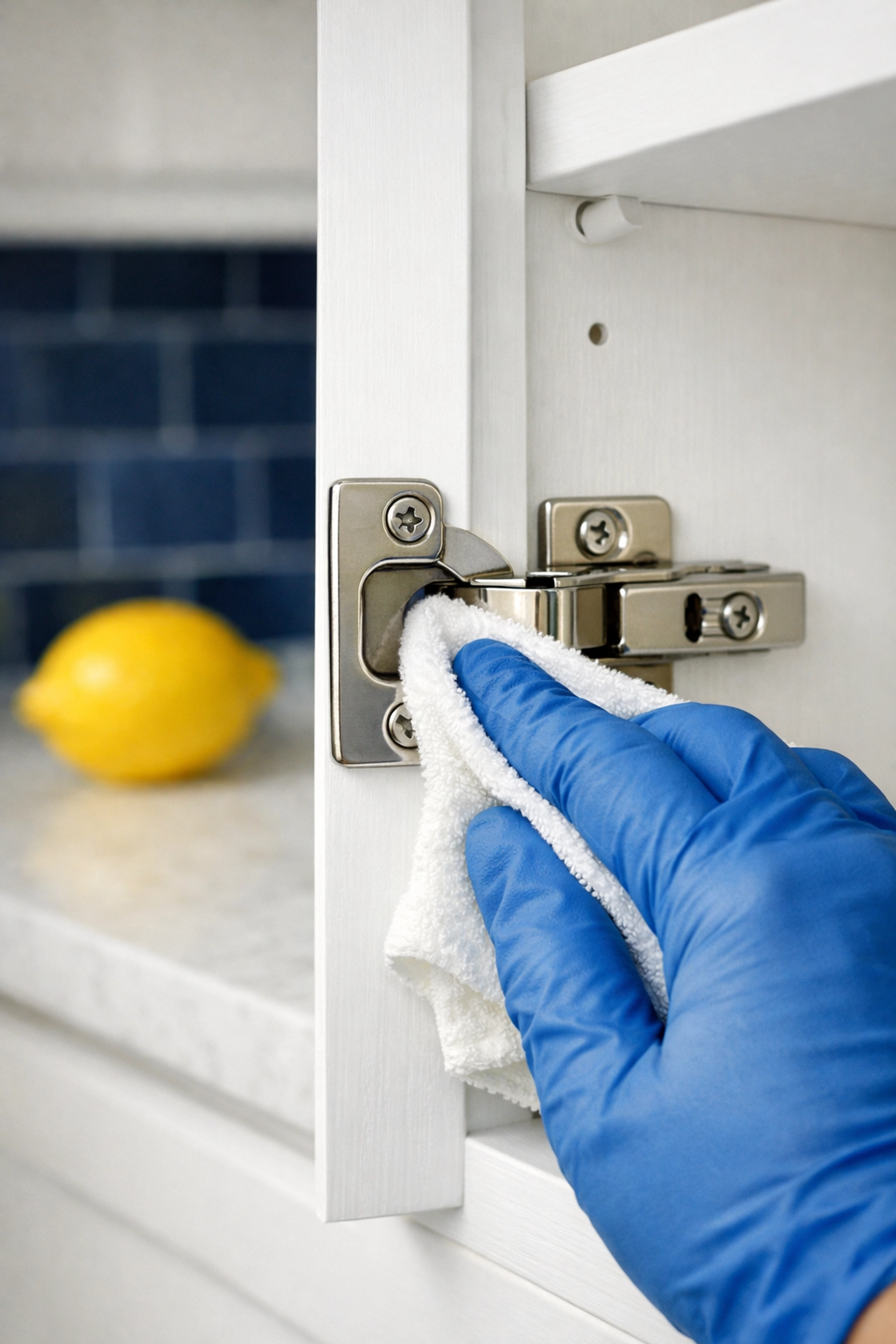 Professional post-construction cleaning removing fine dust from kitchen cabinet hinges for a spotless finish.