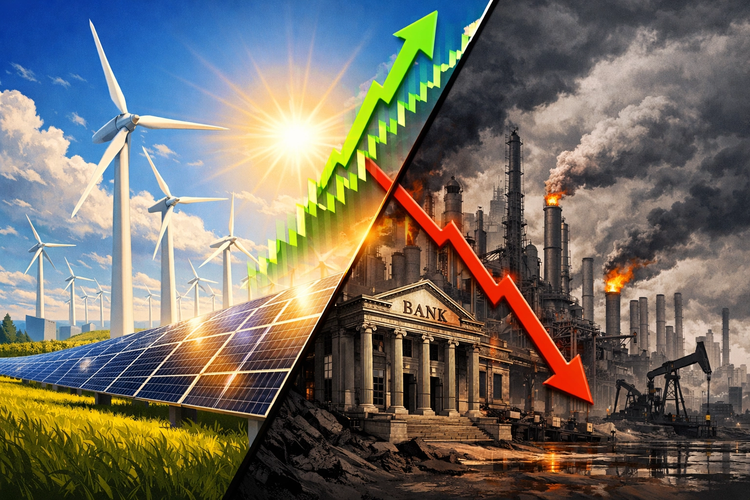 Contrast between renewable energy and fossil fuels impacting the volatile stock market today.