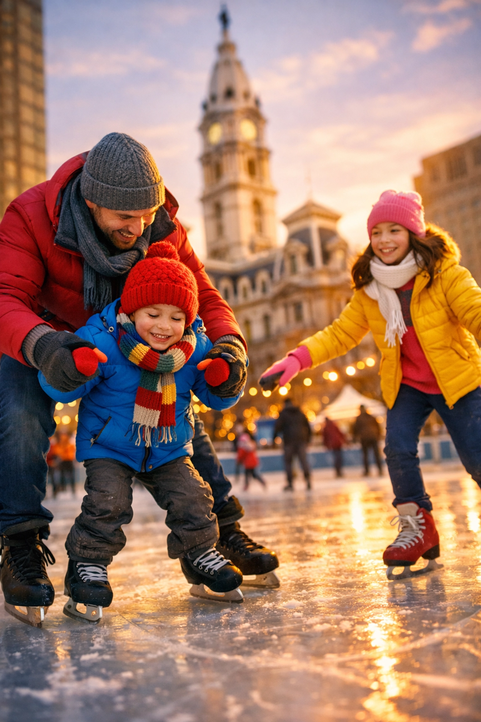 Family ice skating at Rothman Rink Dilworth Park with Philadelphia City Hall in background