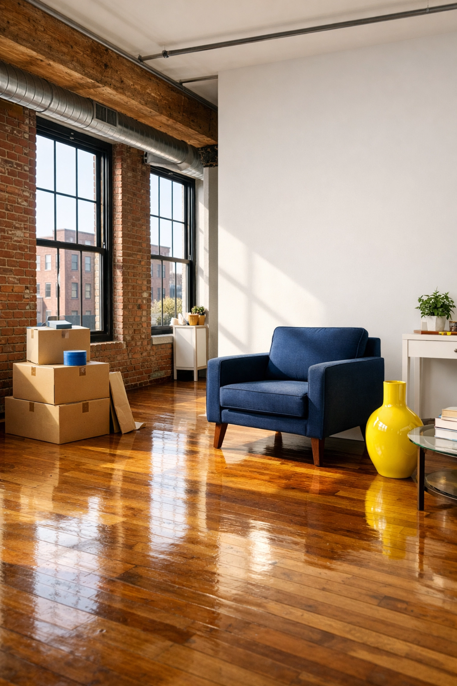Spotless industrial loft in Worcester Canal District showing professional move-out cleaning results on floors and walls.