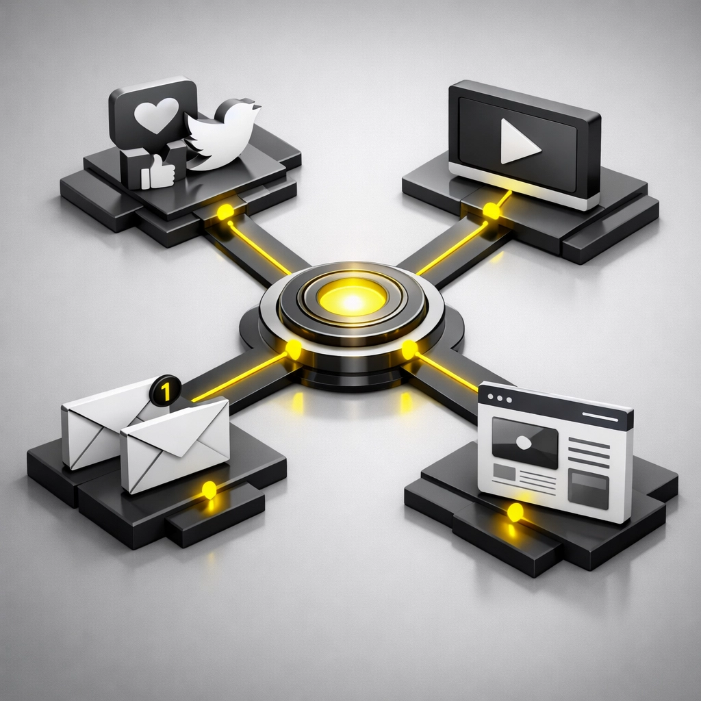 Integrated marketing channels connecting social media, email, and landing pages into unified strategy