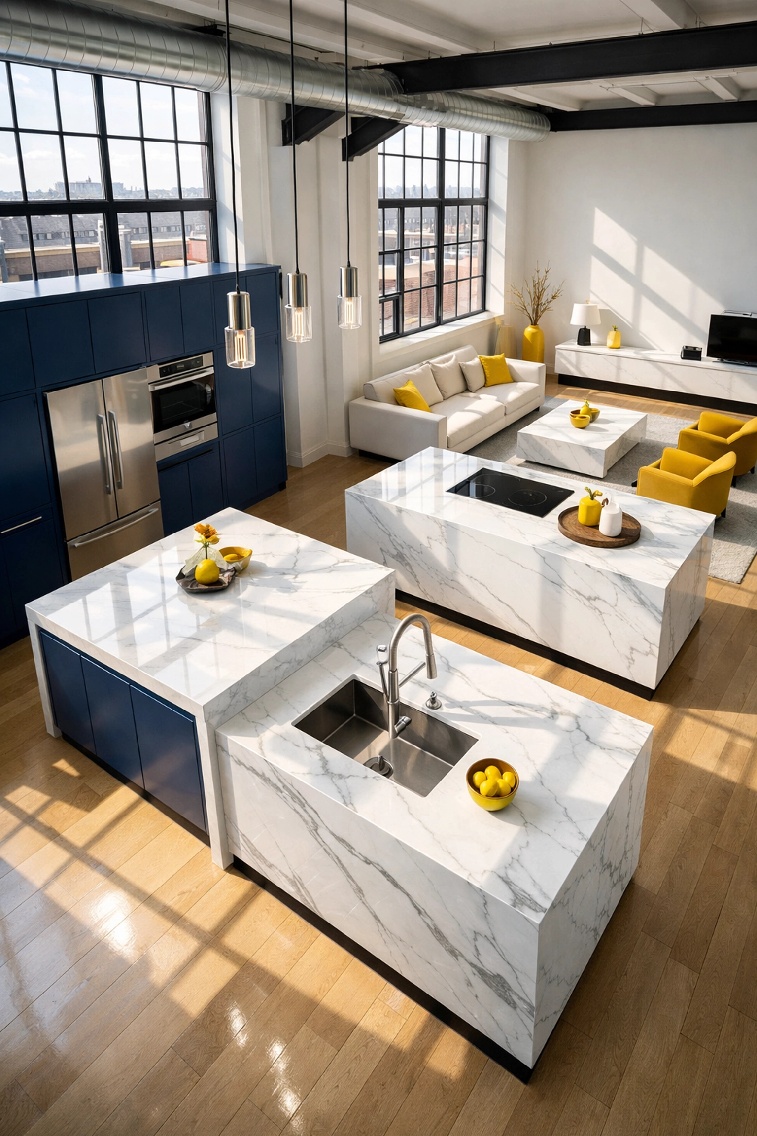 Deep cleaning Worcester results showing a spotless, sunlit modern kitchen with white marble islands and blue cabinets.
