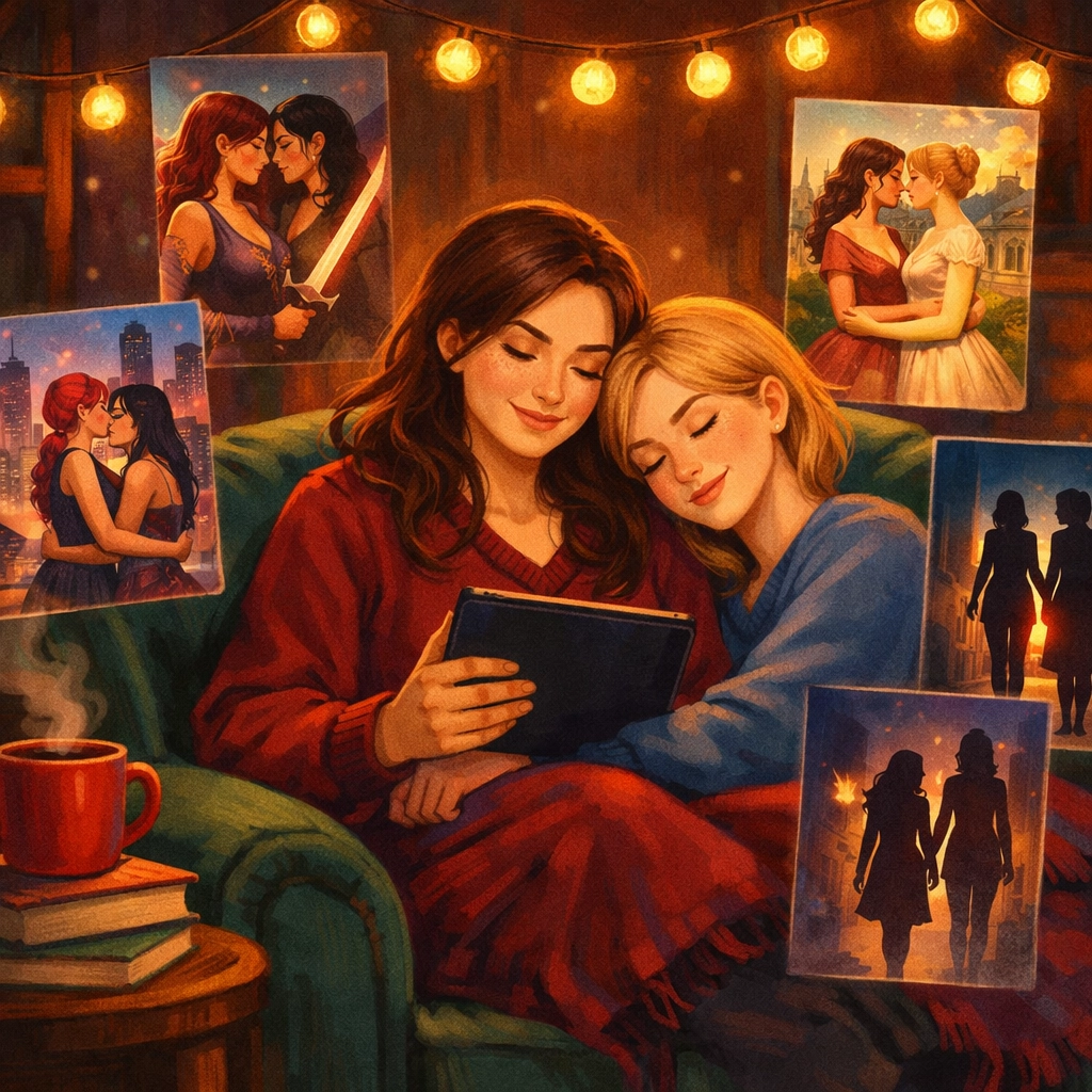 Lesbian couple reading diverse LGBTQ+ ebooks together in cozy space