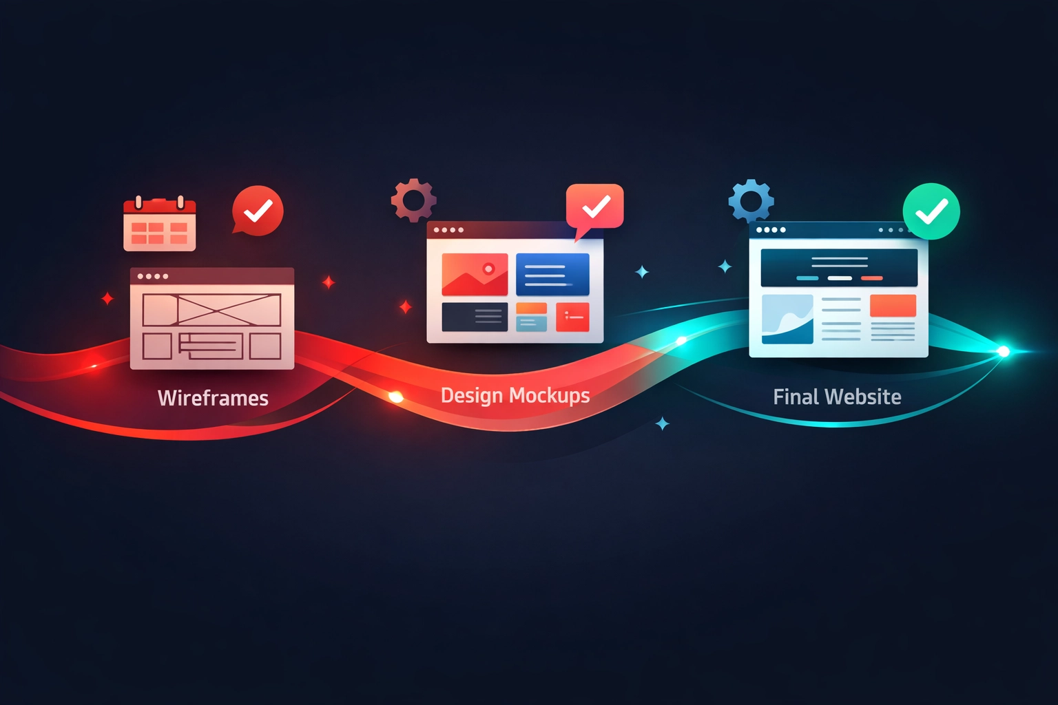 Streamlined web design workflow showing efficient project stages from wireframes to final website