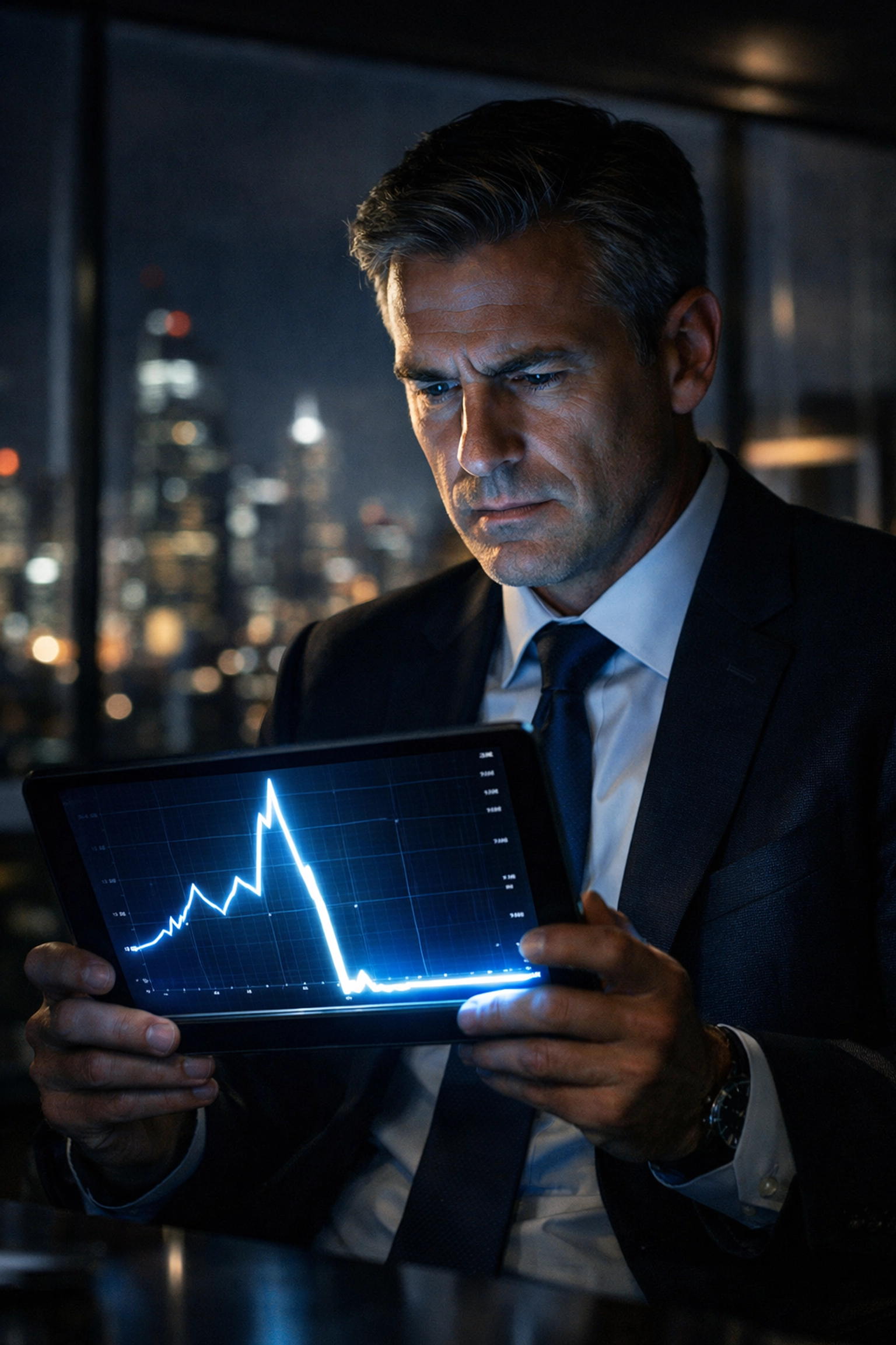 Marketing executive analyzing a Super Bowl ROI graph showing a sharp engagement spike and rapid decline.