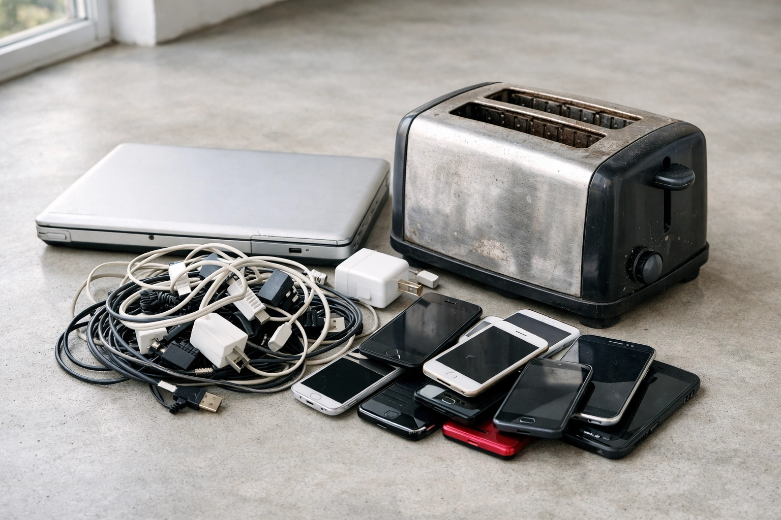 Household e-waste items like old laptops and cables ready for free recycling collection.