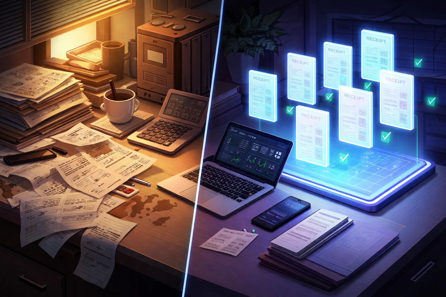 Split accountant desk showing chaotic paper receipts versus organized digital NFT receipts for Web3 accounting efficiency.