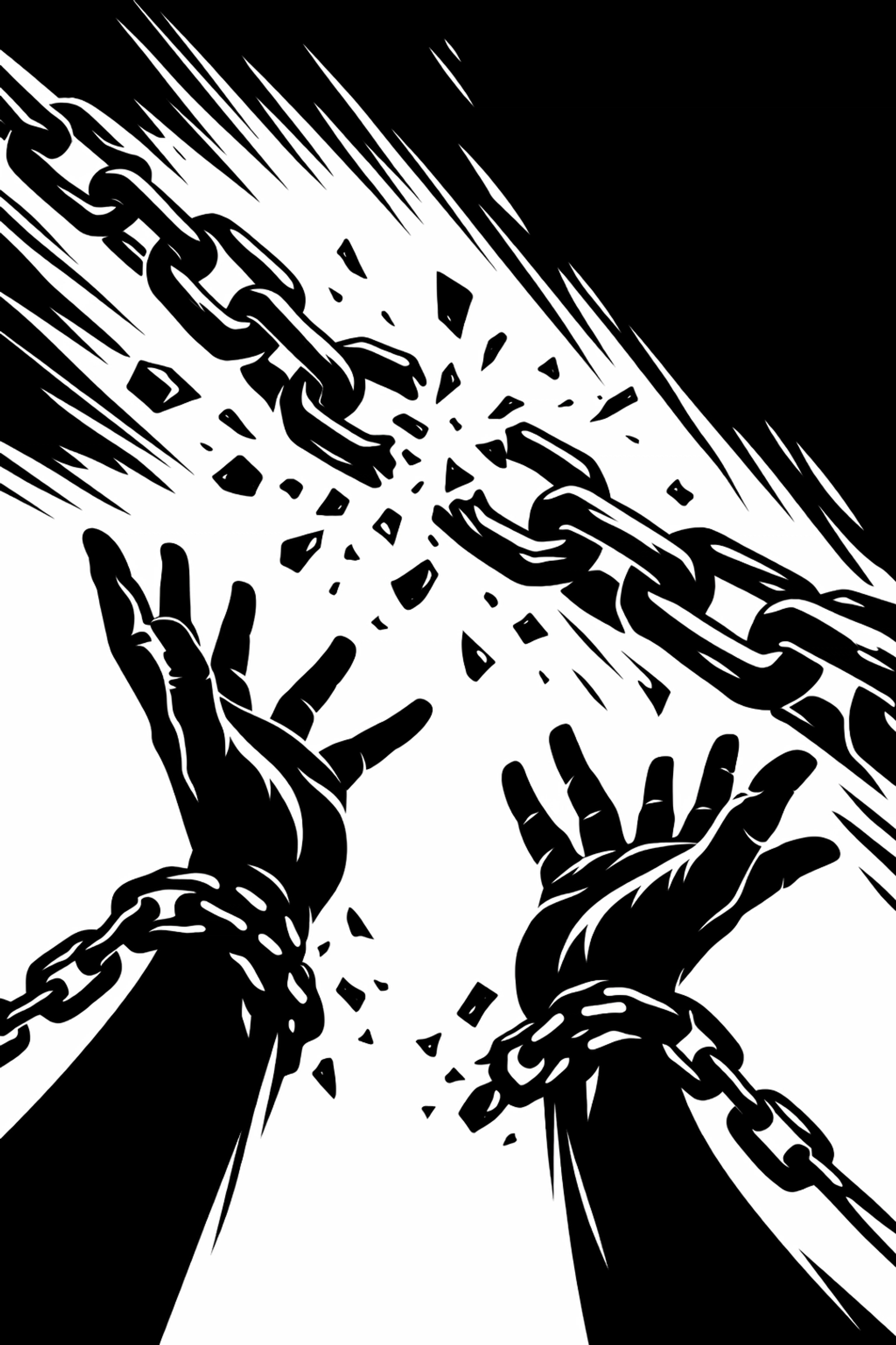 Broken chains falling from hands symbolizing freedom from control and relief in addiction recovery