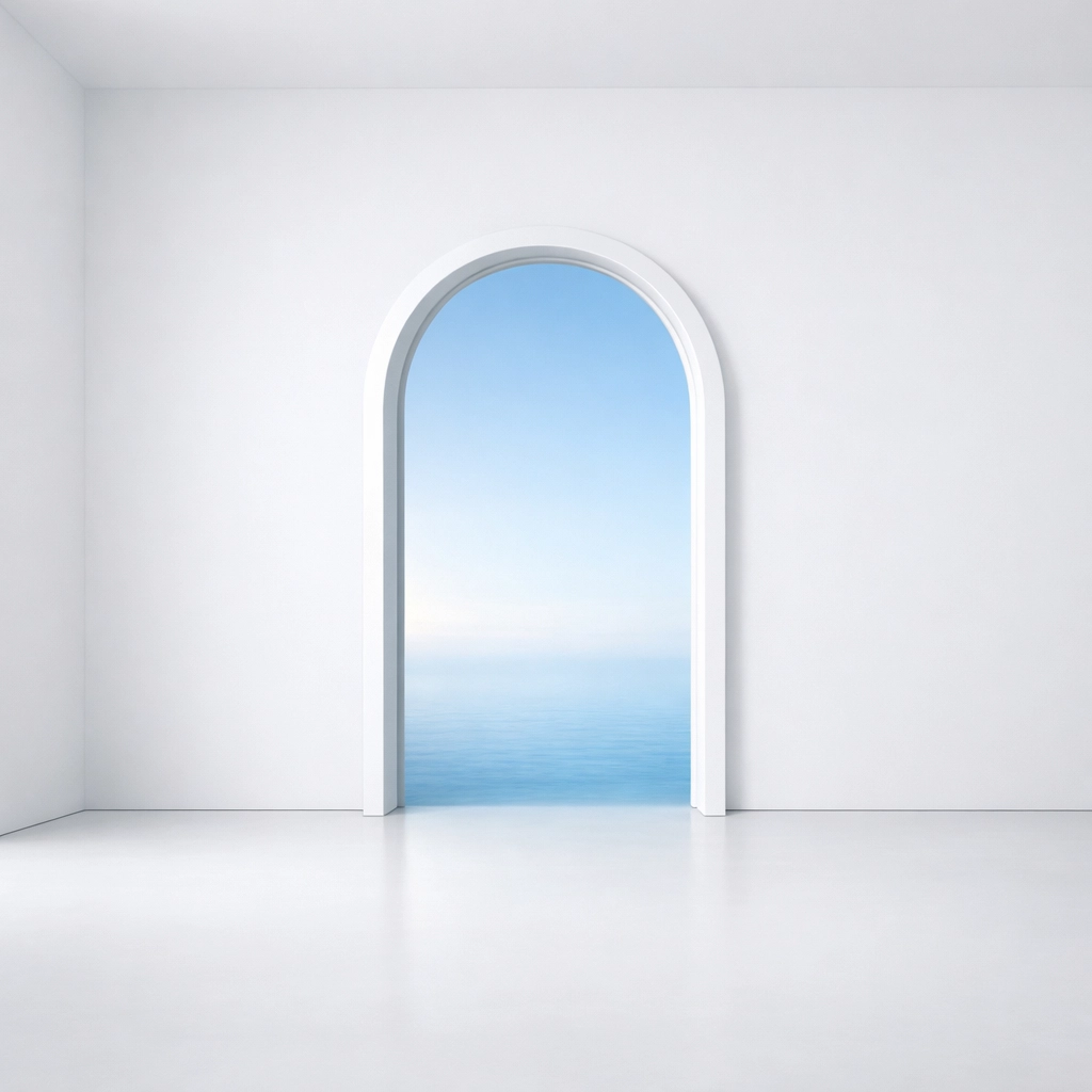 An open doorway overlooking a bright horizon, representing a new chapter in a buyer's global real estate journey.