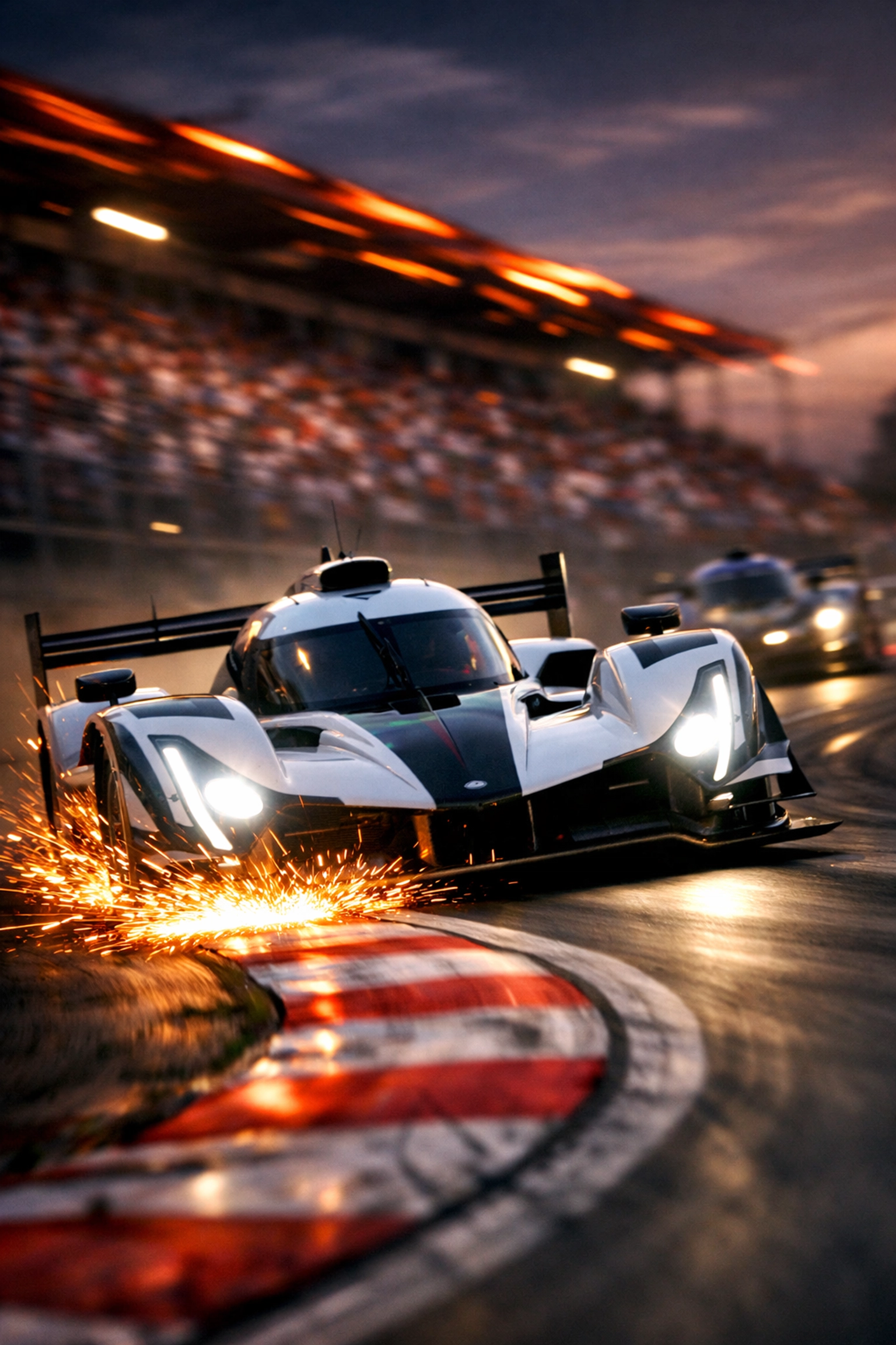 High-performance race car leading the field, representing technical breakthroughs in sports marketing.