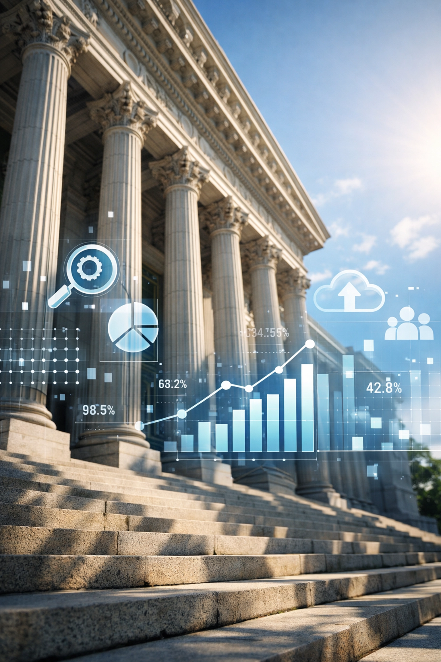 Government building entrance with digital analytics overlay representing public sector data tracking