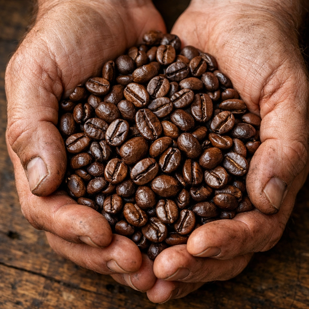 Hands holding freshly roasted specialty coffee beans sourced from ethical wholesale coffee suppliers.