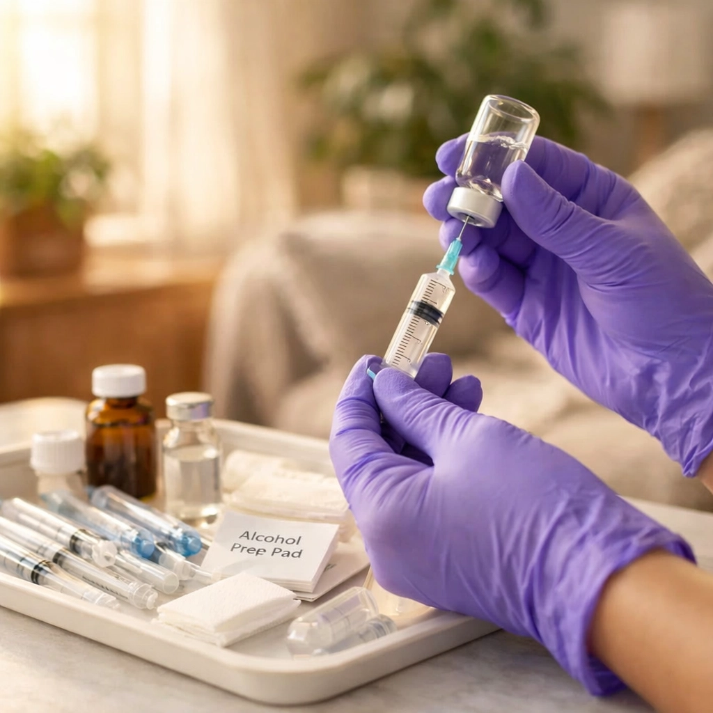 Skilled nurse preparing medication and injection supplies for home healthcare visit