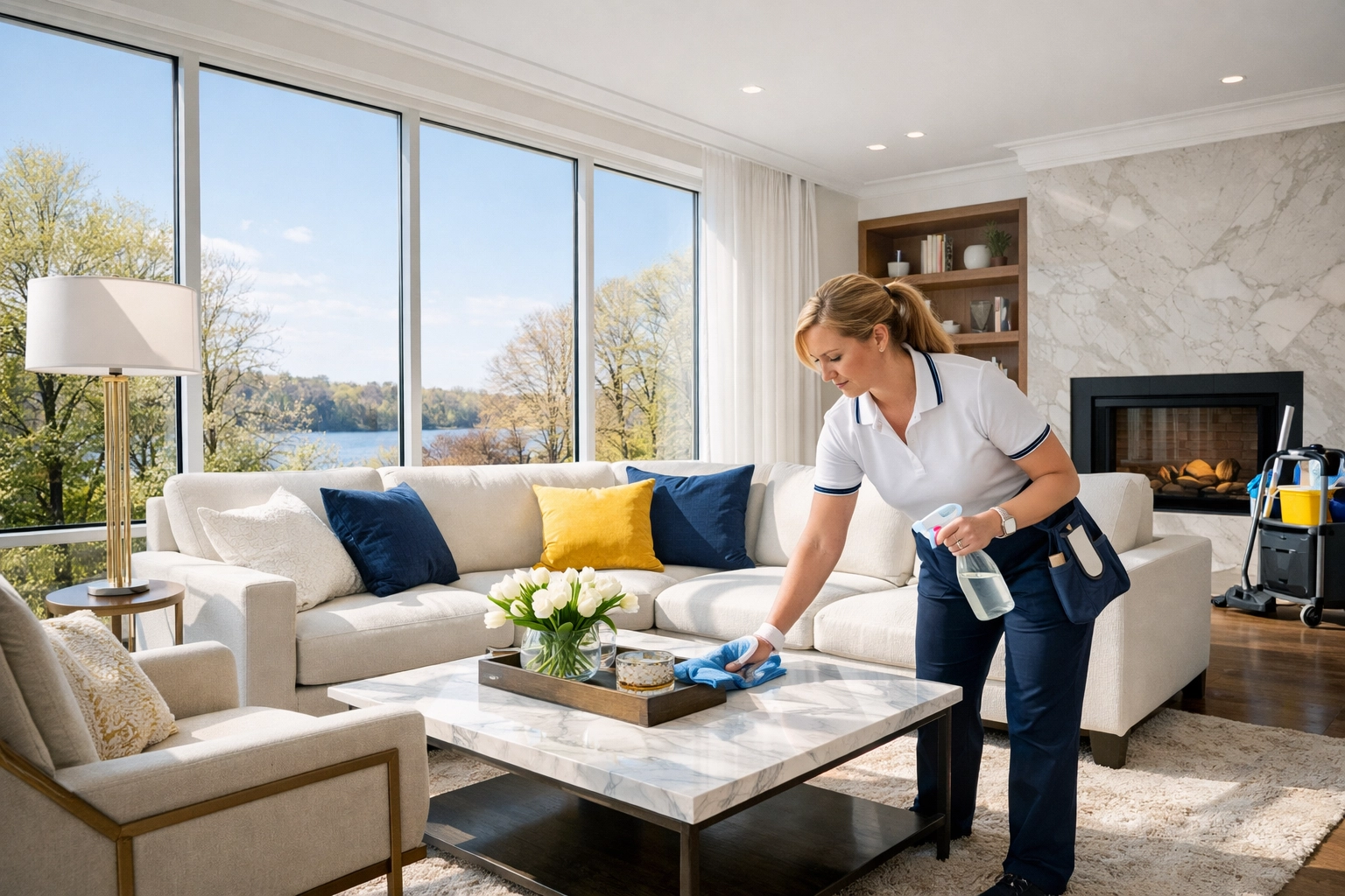 Professional cleaner in uniform tidying a bright, modern living room in a Harvard residence.