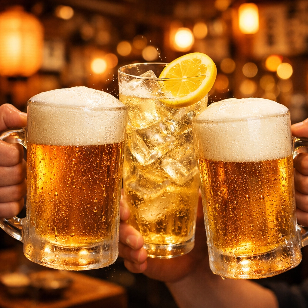 A festive Kanpai toast with Japanese draft beer and whisky highballs at a cozy Tokyo food spot.