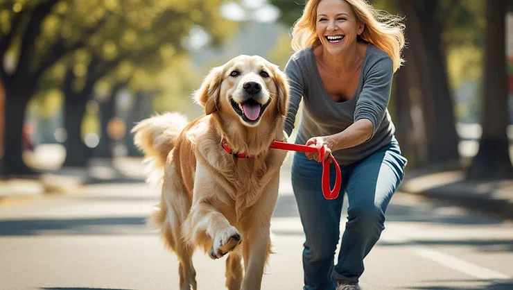 A happy owner and dog enjoying a walk after successful training