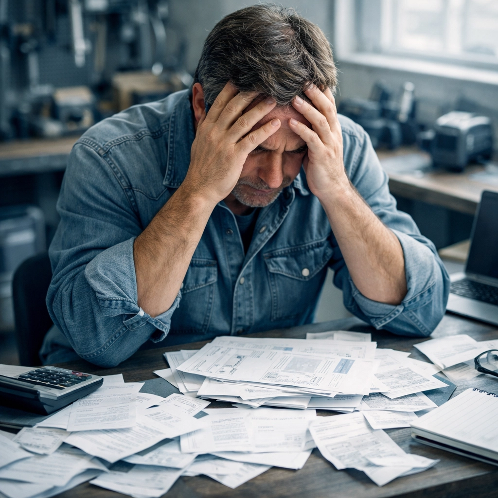 Stressed business owner overwhelmed by receipts and invoices from bookkeeping mistakes