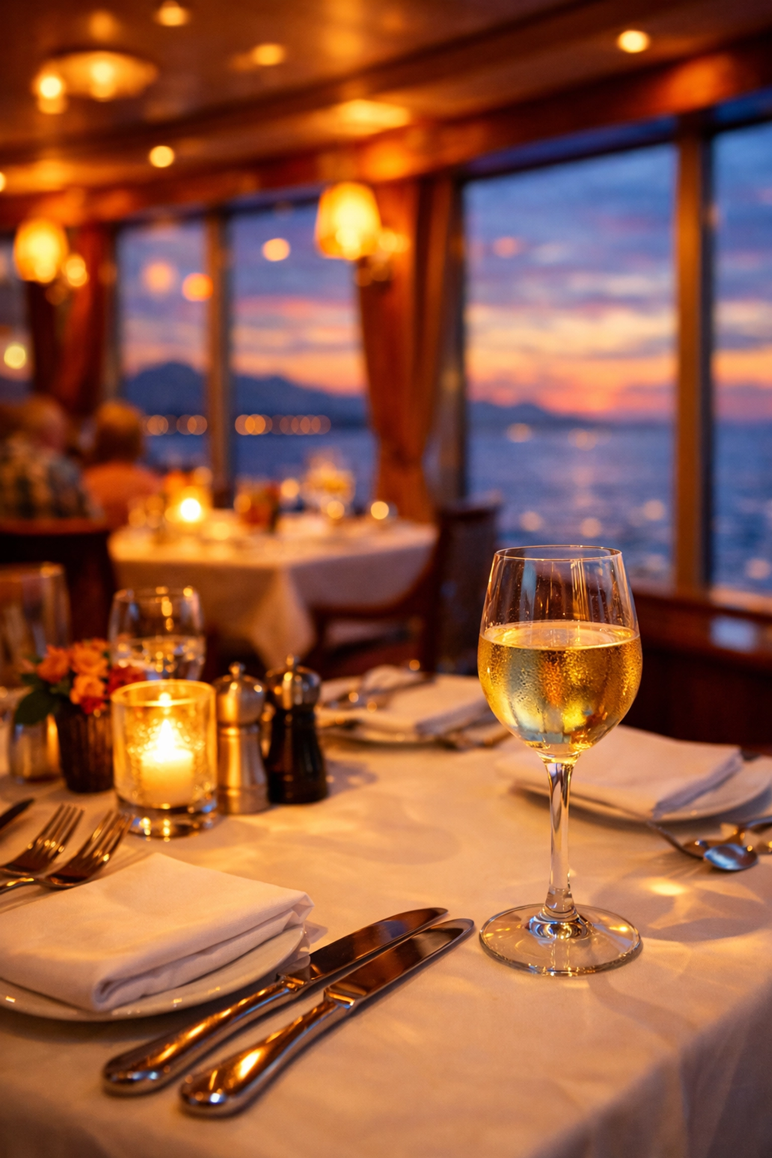 Elegant specialty dining restaurant on a cruise ship with panoramic ocean views at sunset.