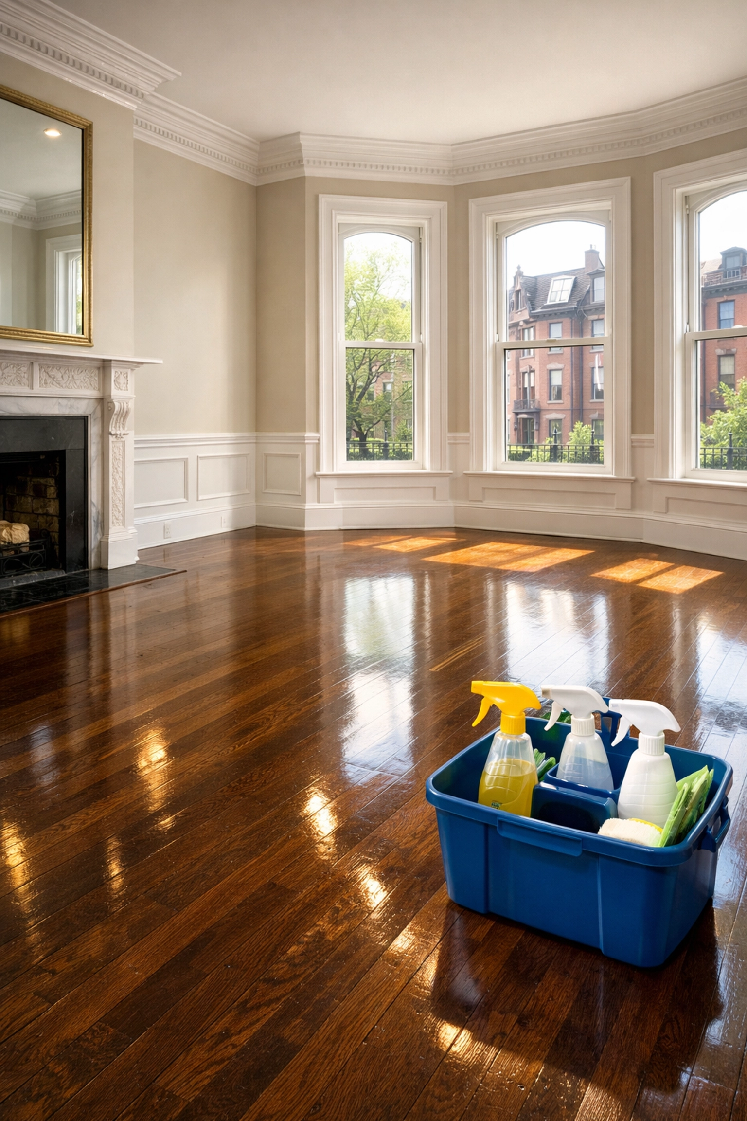 Pristine living room in a Boston brownstone after a professional move-in cleaning service.