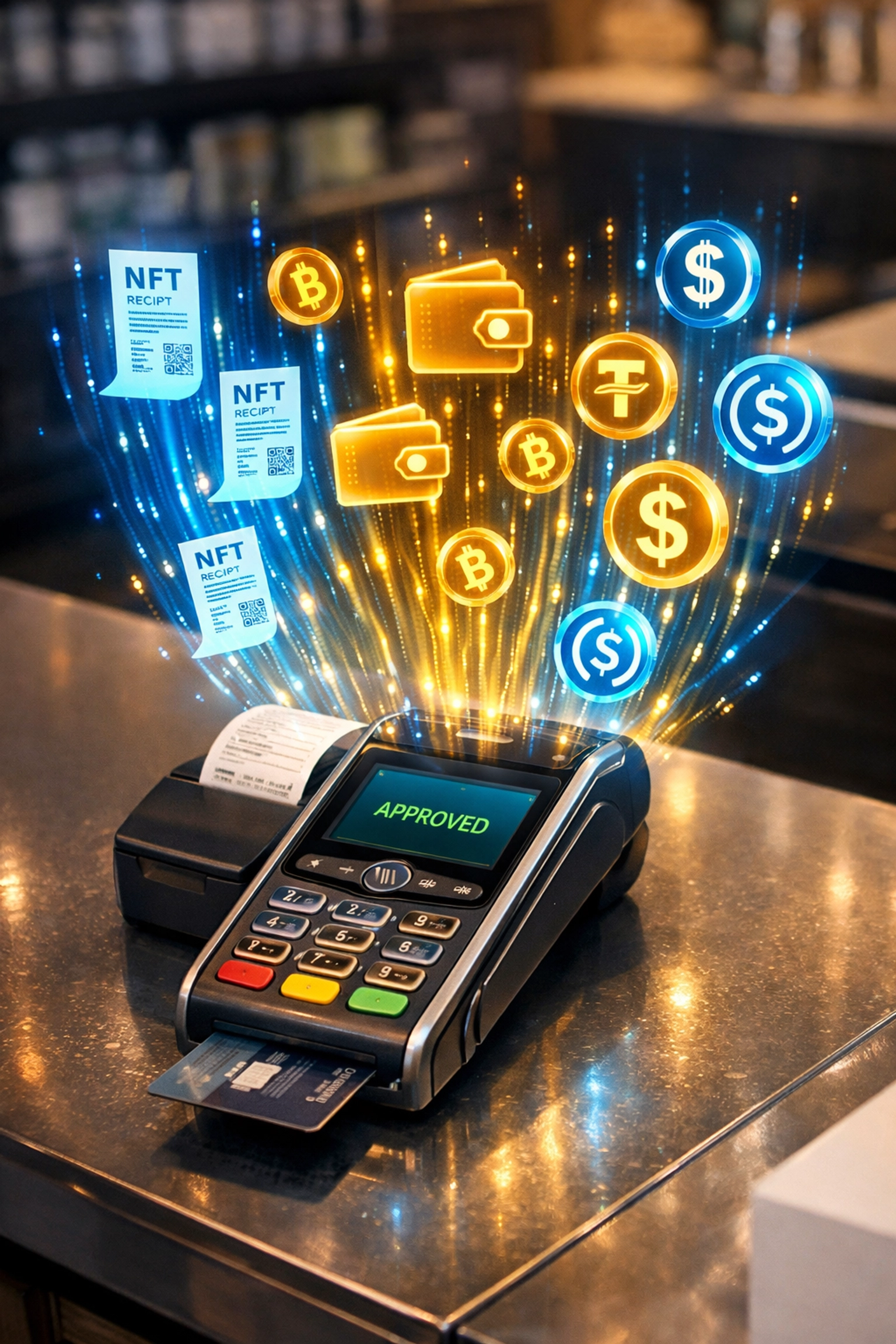 Crypto payment terminal processing cryptocurrency transactions for merchants with NFT receipts