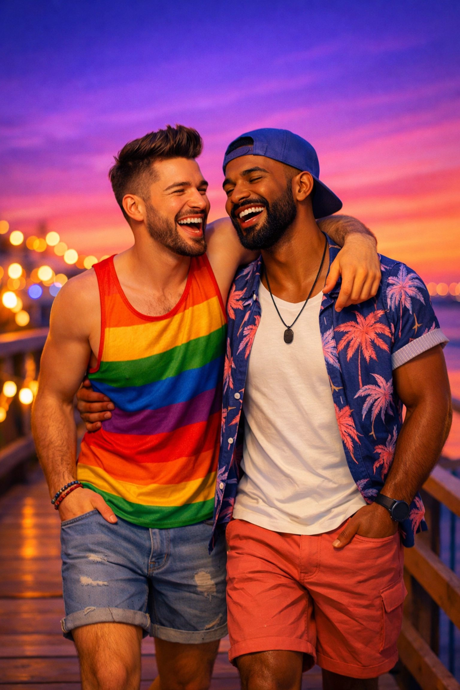 A happy gay couple walking on a seaside boardwalk at dusk, celebrating the authentic joy of LGBTQ+ love stories.